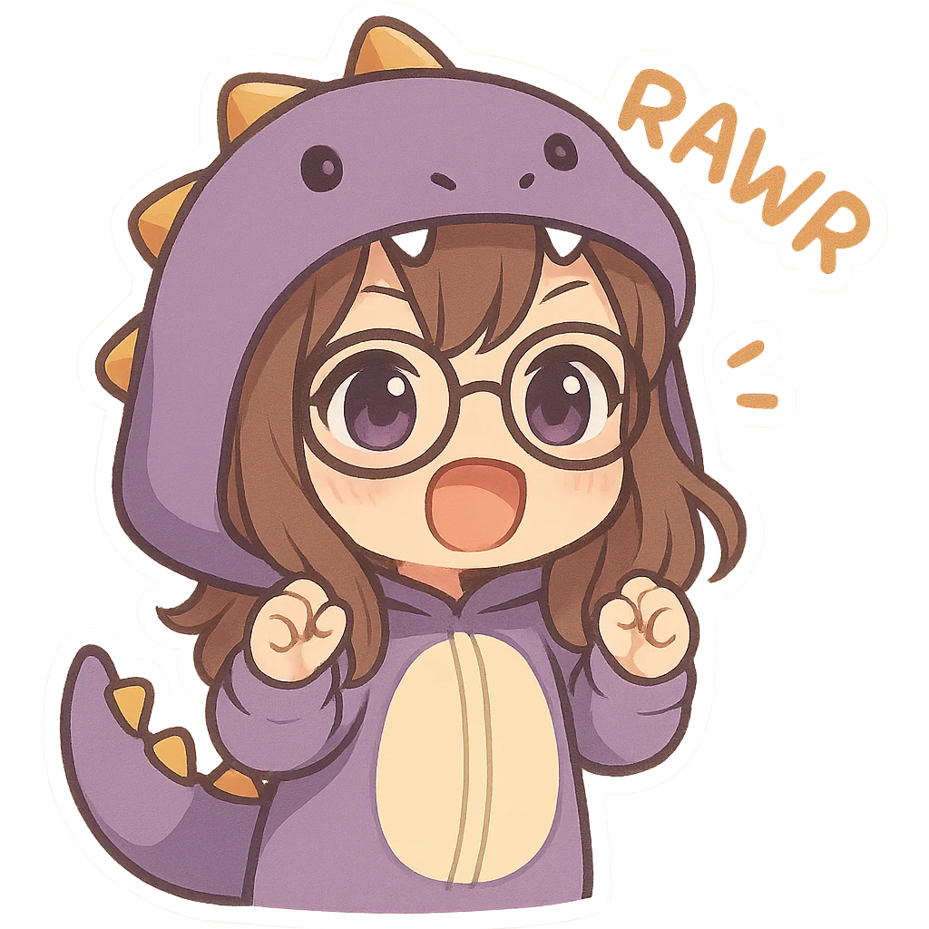 chibi anime style girl with glasses, brown hair, dark purple eyes, wearing a purple dinosaur costume, saying 'rawr' in a cute playful way, with a big open mouth emoji
