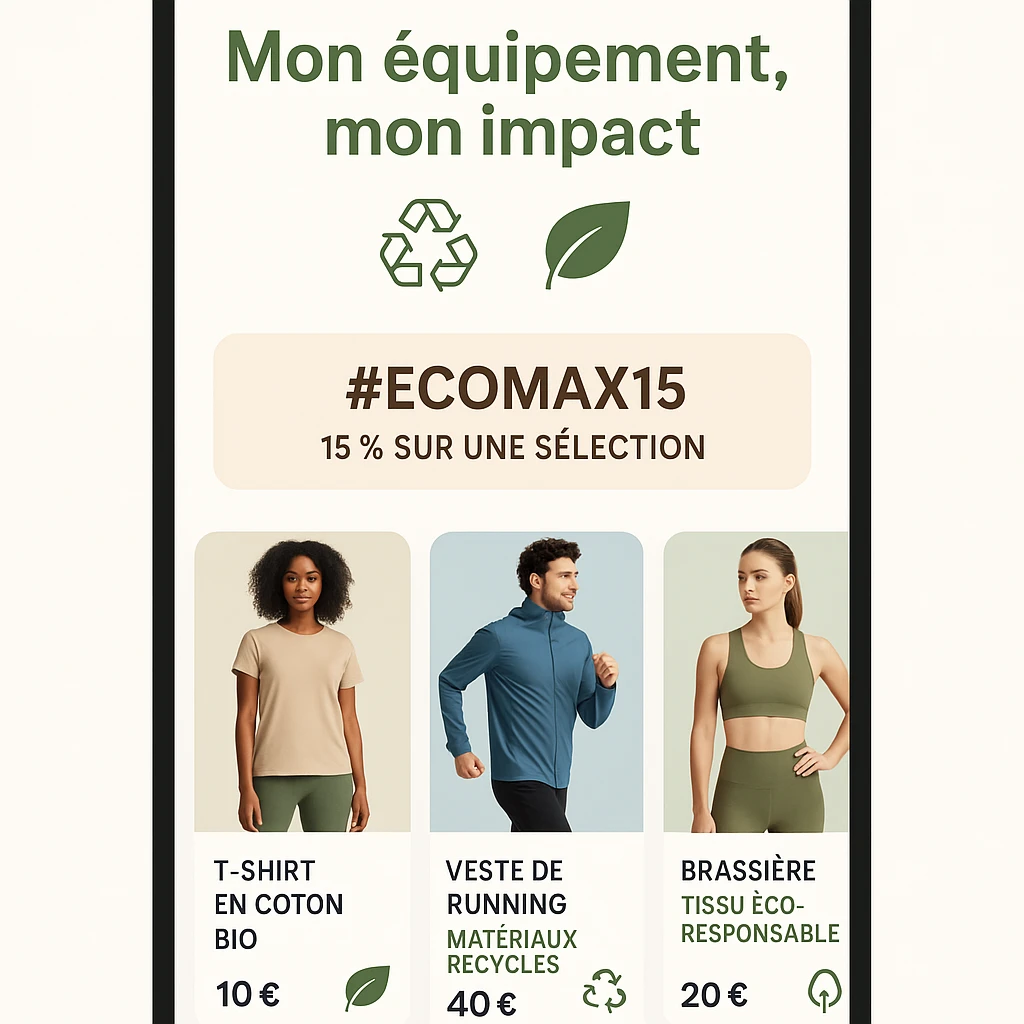 vertical mobile interface mockup for Decathlon, clean style, integrated slogan 'Mon équipement, mon impact', sustainable sports clothing presented in cards, eco-responsible pictograms (recycling, leaves), promo banner #Ecomax15, natural colors (greens, beige, light blue), sporty and committed ambiance emoji