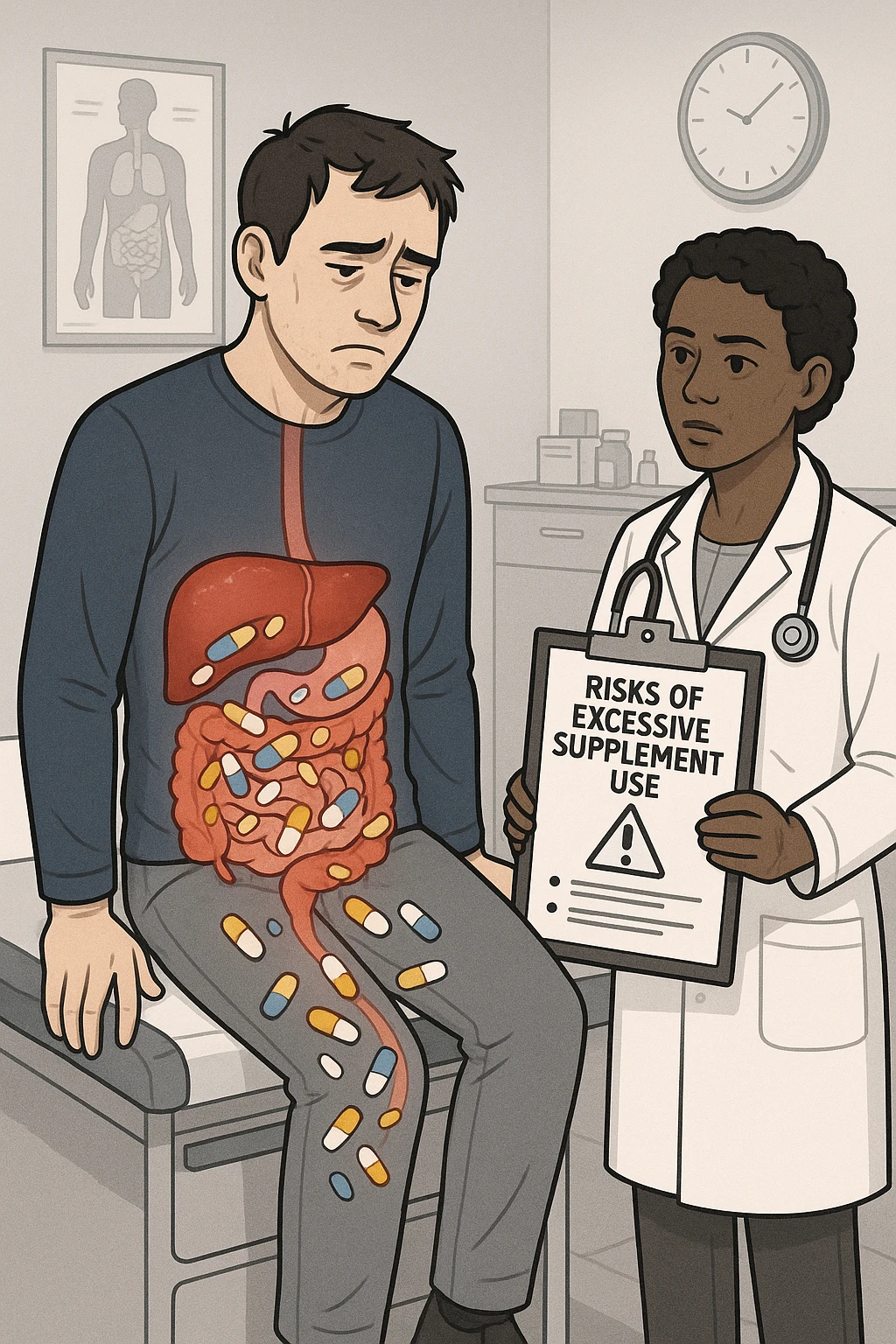 a man sits on a doctor’s examination table, looking fatigued and uncomfortable. A transparent anatomical overlay reveals his liver and intestines, both appearing inflamed and congested, with stylized supplement capsules and pills scattered throughout the digestive tract. The doctor stands nearby, holding a chart that highlights the risks of excessive supplement use. The mood is clinical and educational. emoji