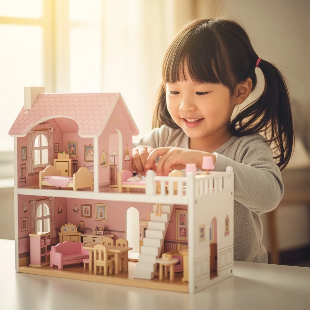 smiling girl arranging furniture in doll house emoji