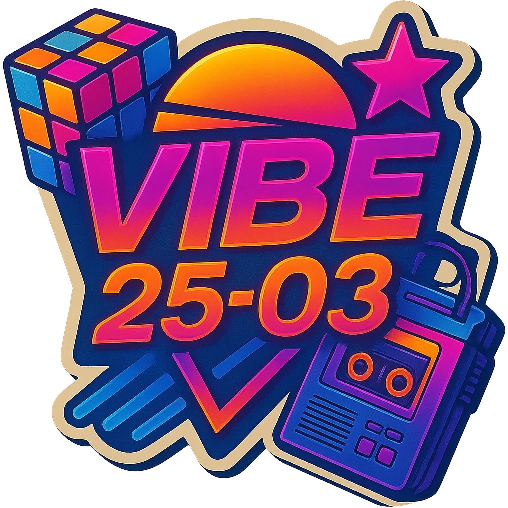 Add a Rubik's cube and a cassette player to this 80's retro VIBE25-03 logo, keeping the neon synthwave style and vibrant colors, with no background. Maintain the vibrant neon synthwave aesthetic and retro vibe. emoji