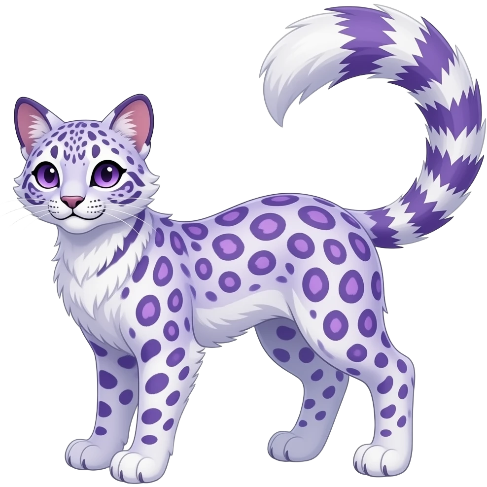 realistic elegant lanky feathery, pastel violet-purple, whitish, fantasy-caracal-civet-snow-leopard-bobcat-genet-animal-Fakémon-hybrid, long thin tufted tail emoji