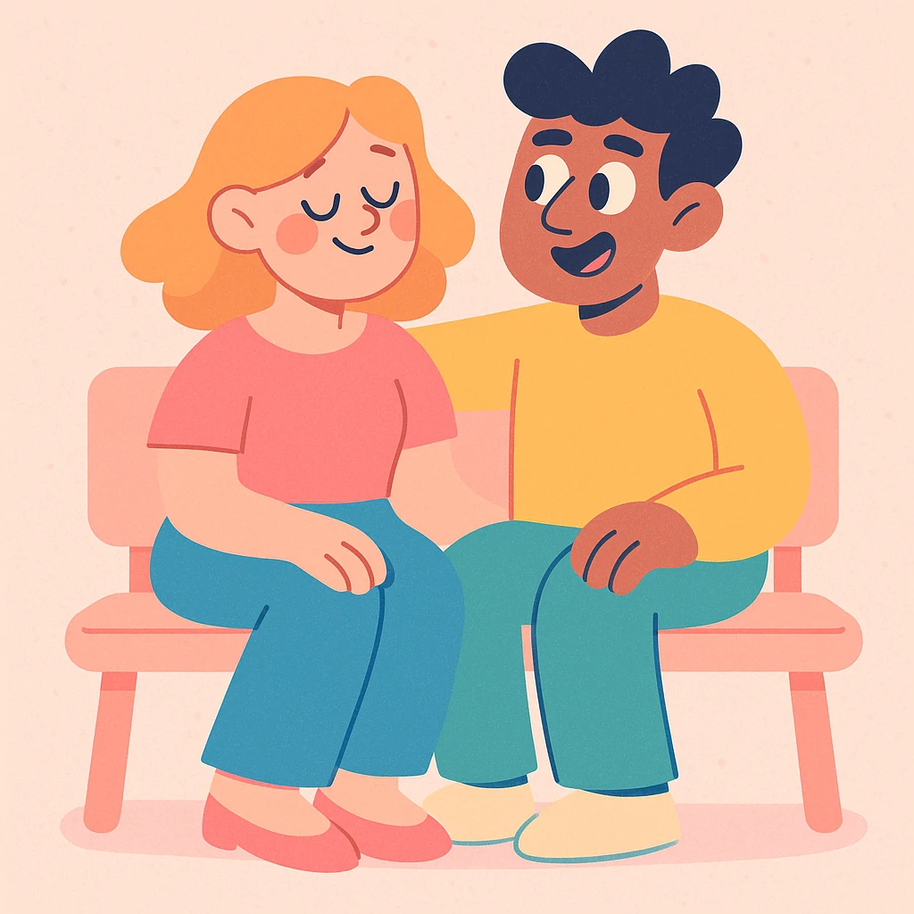 a couple sitting together on a bench, soft pastel style emoji