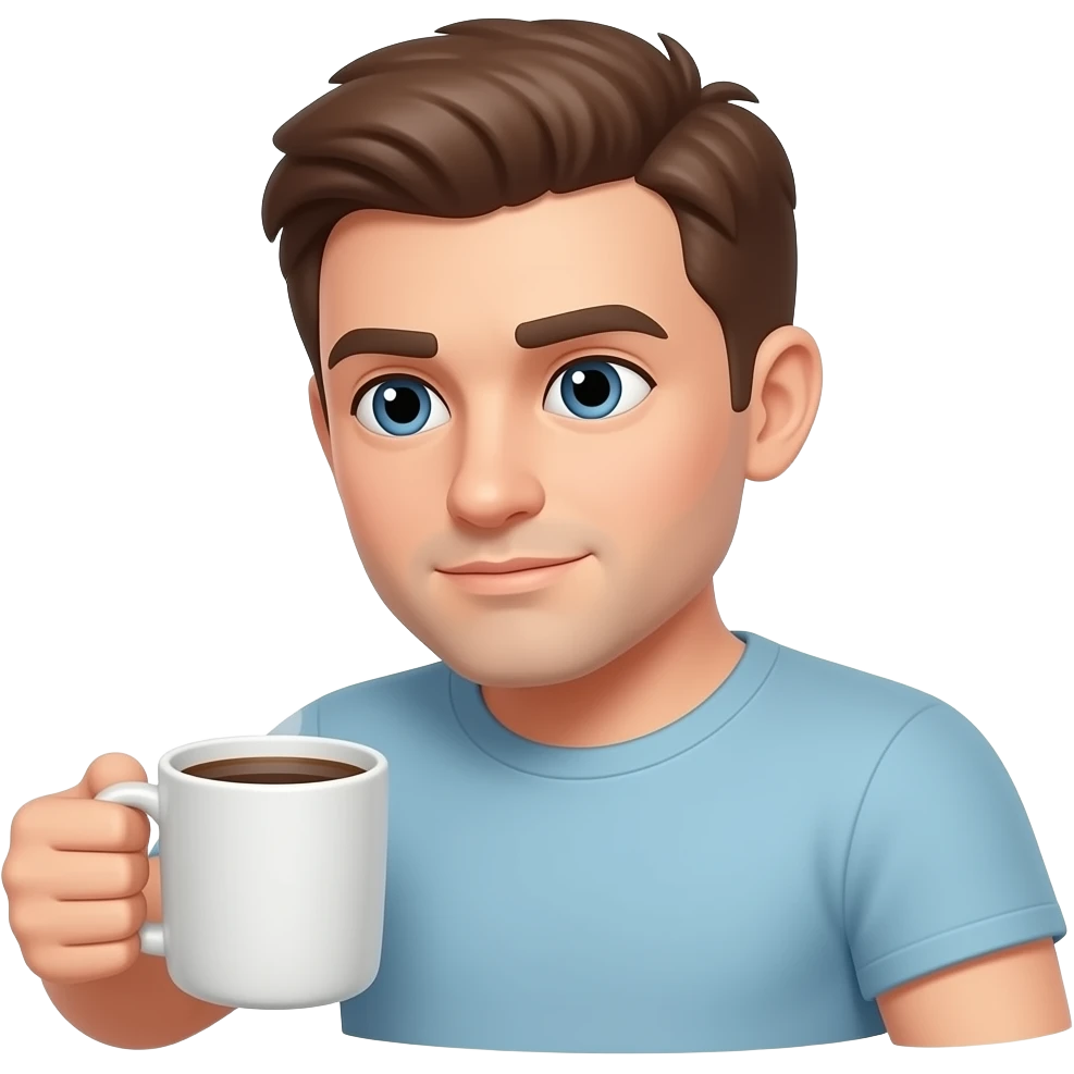 Blank face, slightly slouched, maybe holding coffee emoji