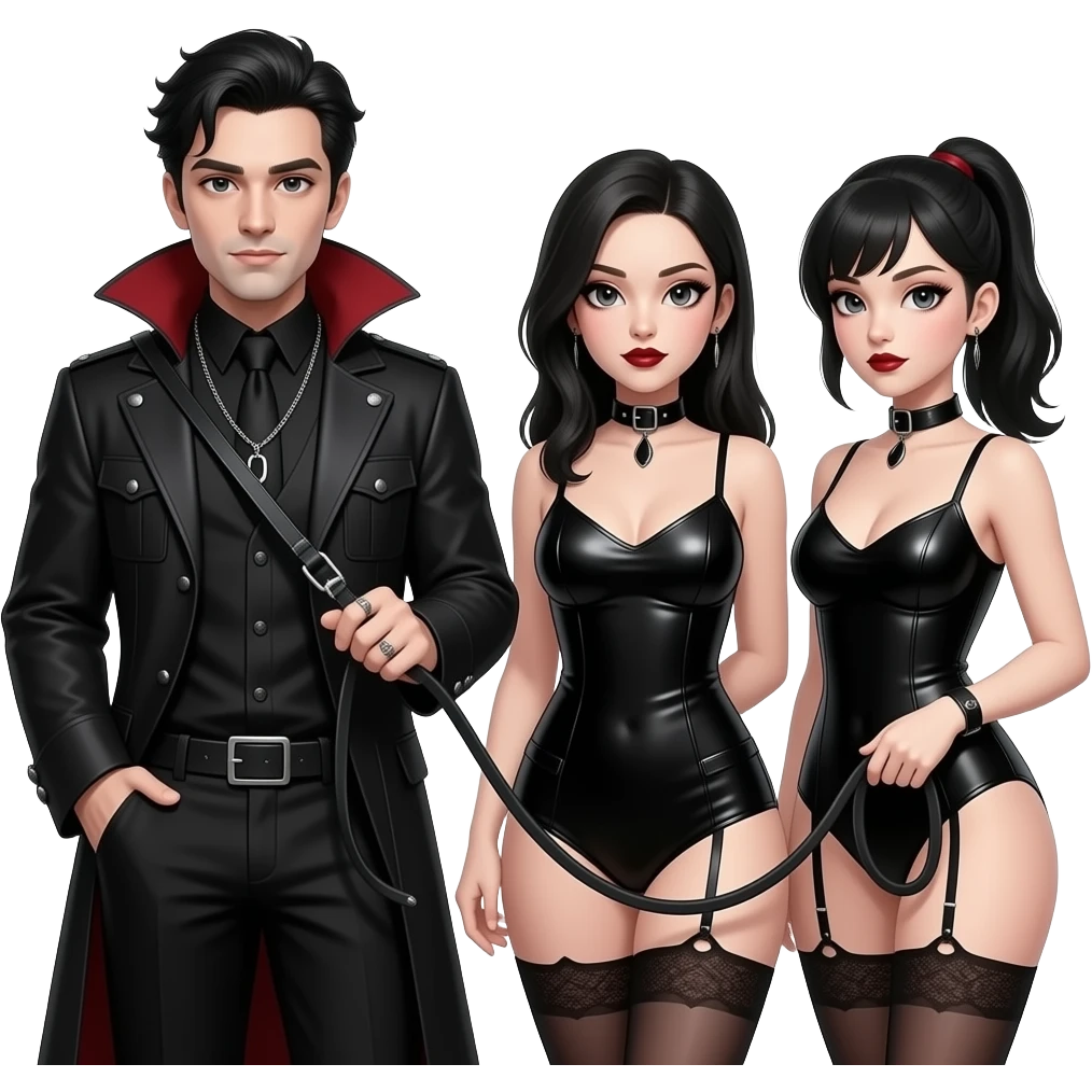 Gothic man holding a black leather leash that is attached to two gothic submissive womans neckleash emoji