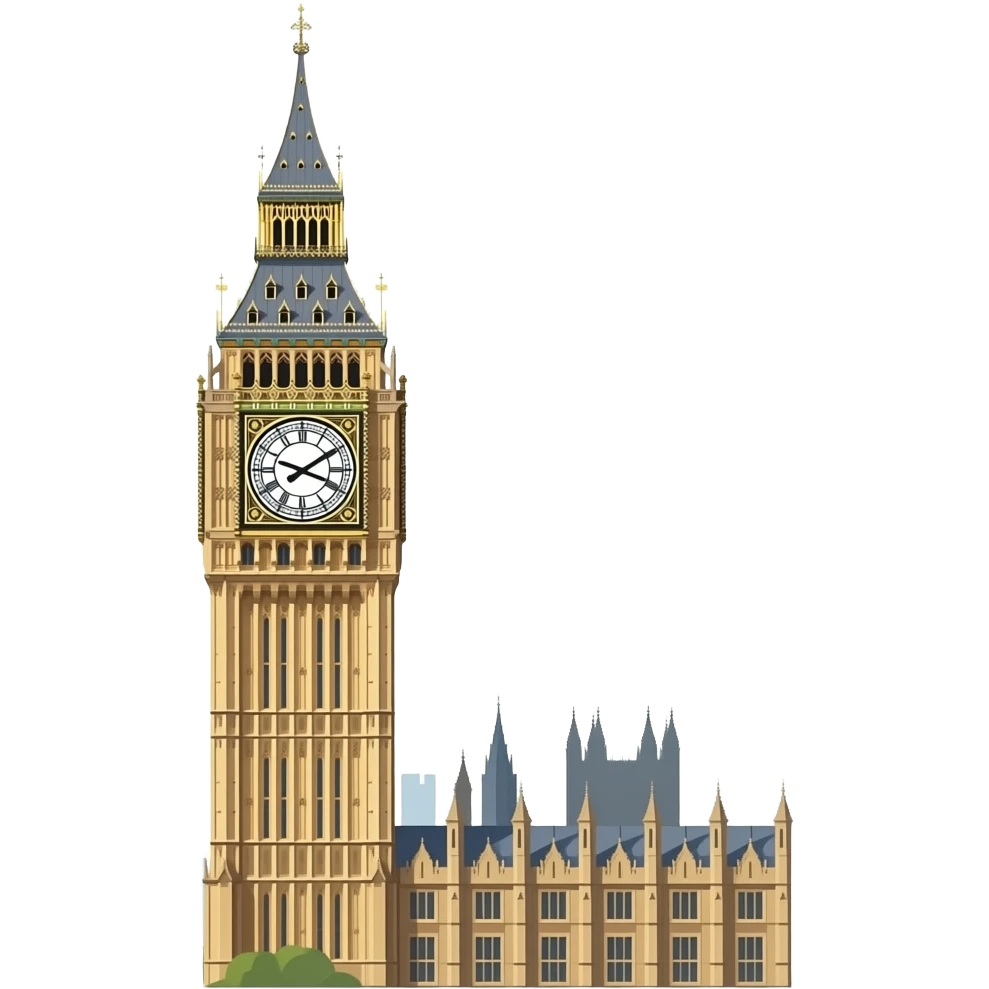 Big Ben clock tower, isolated, centered, single subject only, no background, no scenery, no skyline, no city view, no landscape, no extra objects, no text, detailed clock face, elegant stone tower, iconic London look emoji