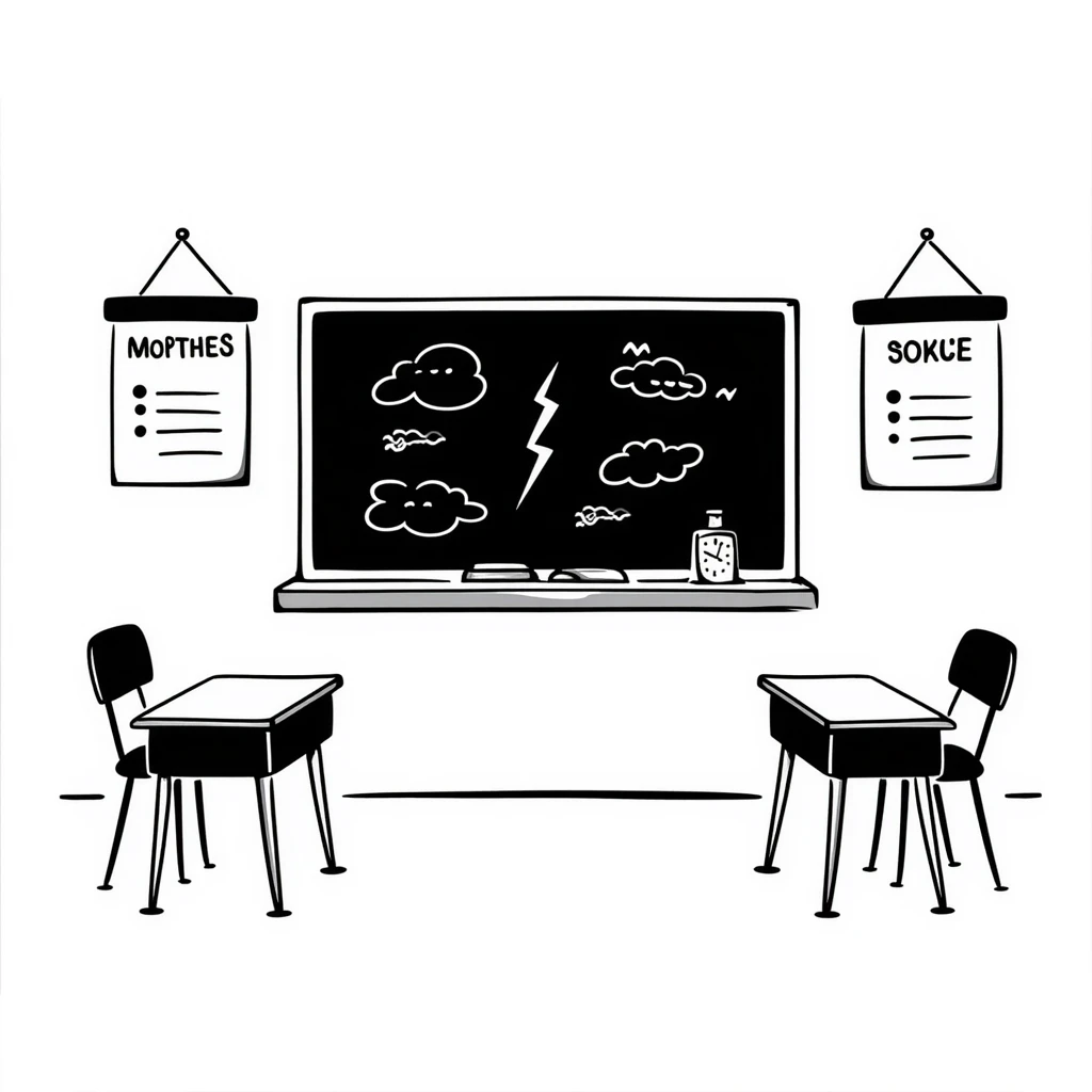 a classroom with desks, chalkboard, and educational posters emoji