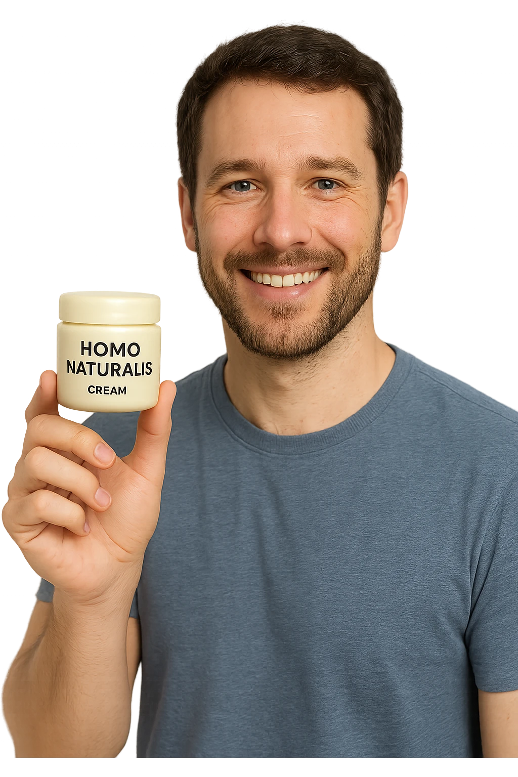 uomo con in mano un prodotto crema di marca "Homo Naturalis" emoji