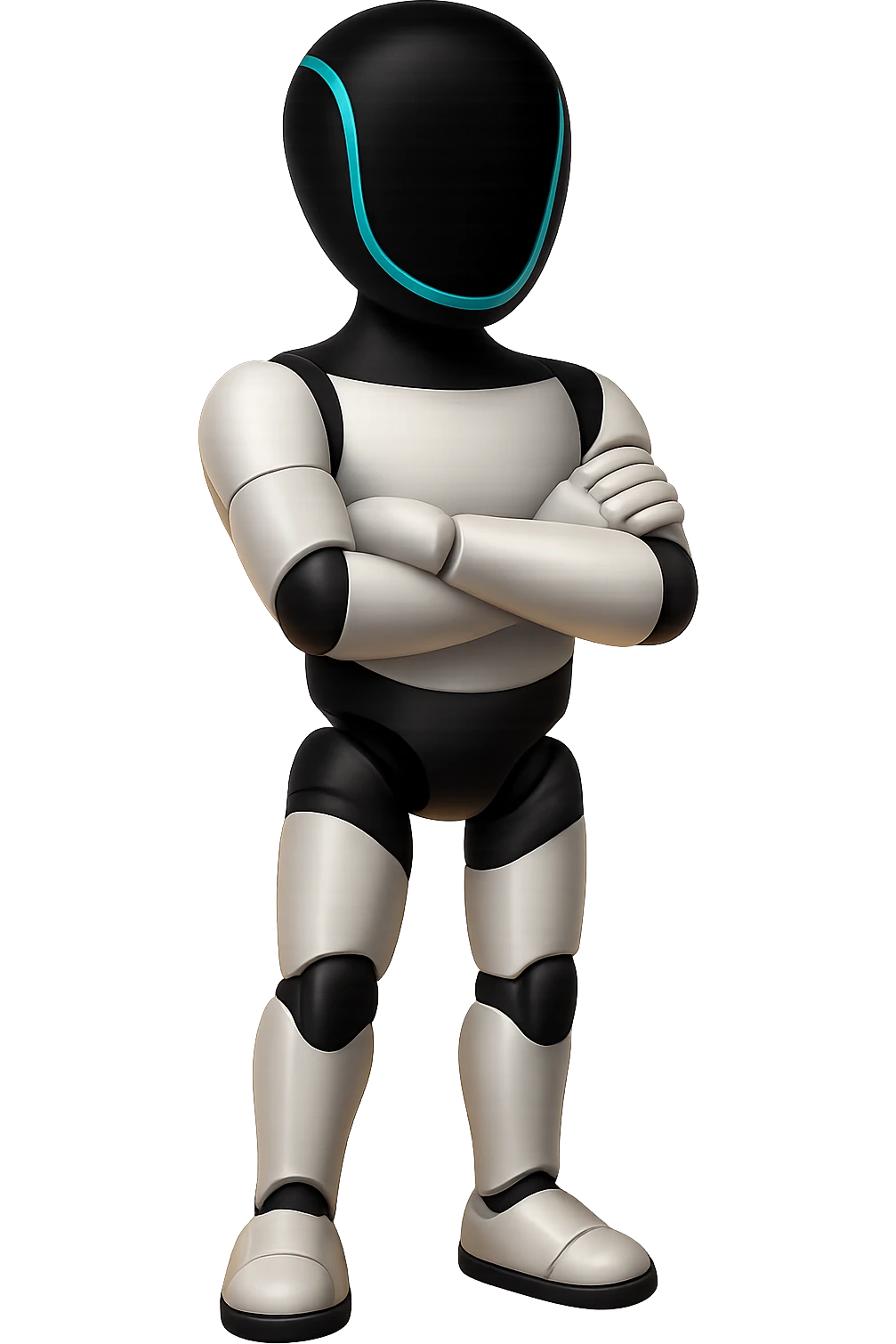 Create a fullbody Tesla robot emoji with the exact head from the reference image in the style of Apple emojis. The robot should have its arms crossed. The style should replicate the apple emoji style with smooth, colorful, and detailed features. emoji