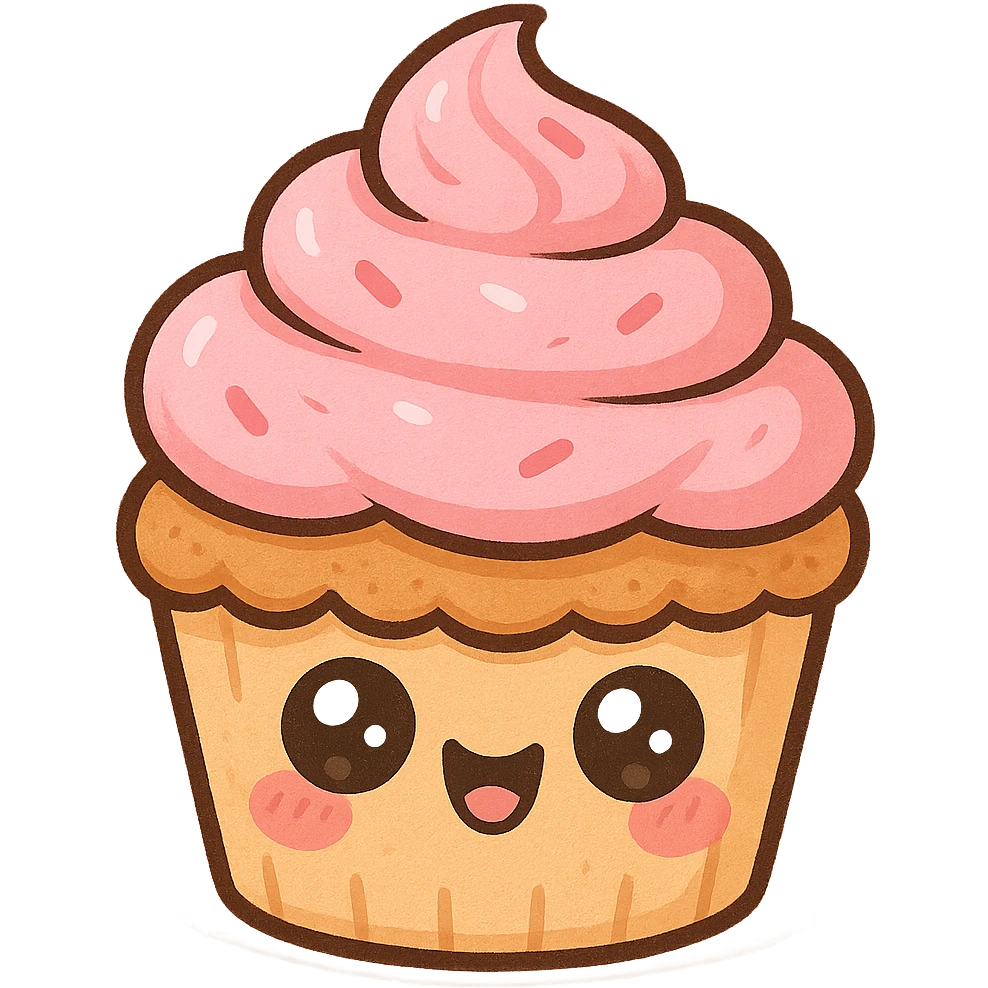 a cute pink cupcake with a smiley face, original design, big eyes, blushing cheeks, joyful emoji