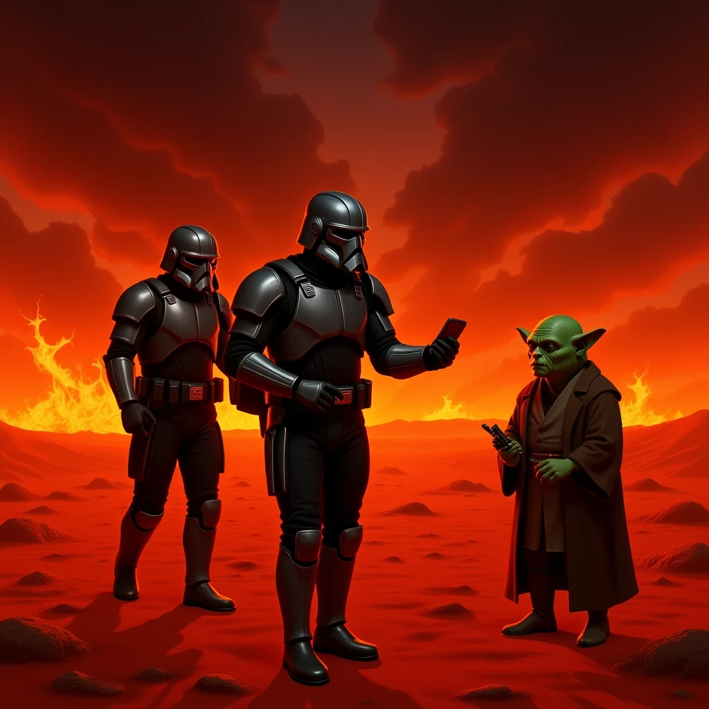make digital poster art of Camera POV, Starwars stormtroopers vlogging selfie, he is walking on lava planet with yoda
 emoji