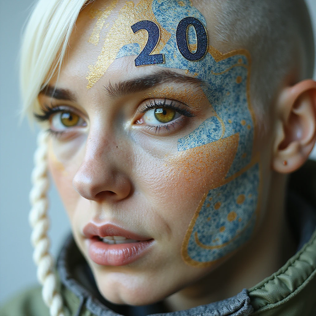 close up of a "20 crisp" banknote. futuristic, cyberpunk. stellar and planetary style designs adorn the bill. the face pictures is a woman in her 20's, gold yellow eyes, white hair in a single long braid, side of head shaved. she wears a military flight bdu emoji