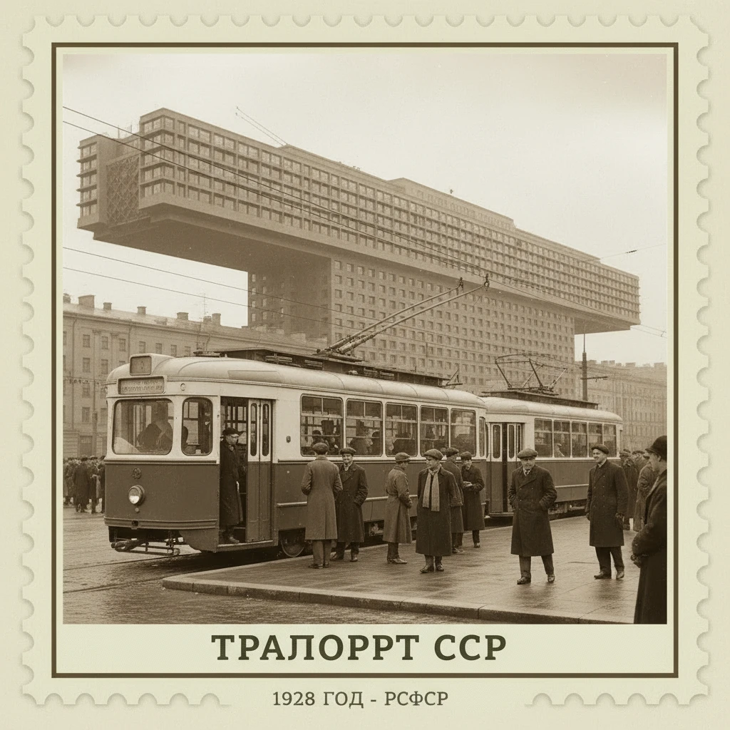 Автобус и трамвай у остановки, которая рядом с горизонтальным небоскребом Эля Лисицкого. СССР 1920 годы

Стилизуй изображение под марку как на фото emoji