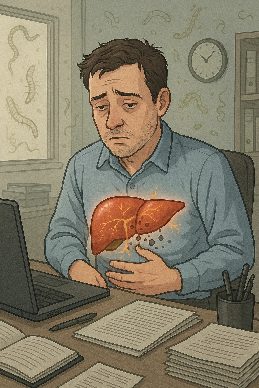 Man sitting at office desk experiencing subtle symptoms of liver dysfunction, upper abdominal pain, nausea, and unexplained fatigue Parasites: Types, Symptoms, Treatment & Prevention, expression of confusion about vague health issues, liver shown in transparent overlay with early inflammation, toxins beginning to accumulate in bloodstream, productivity declining as liver struggles to filter properly emoji