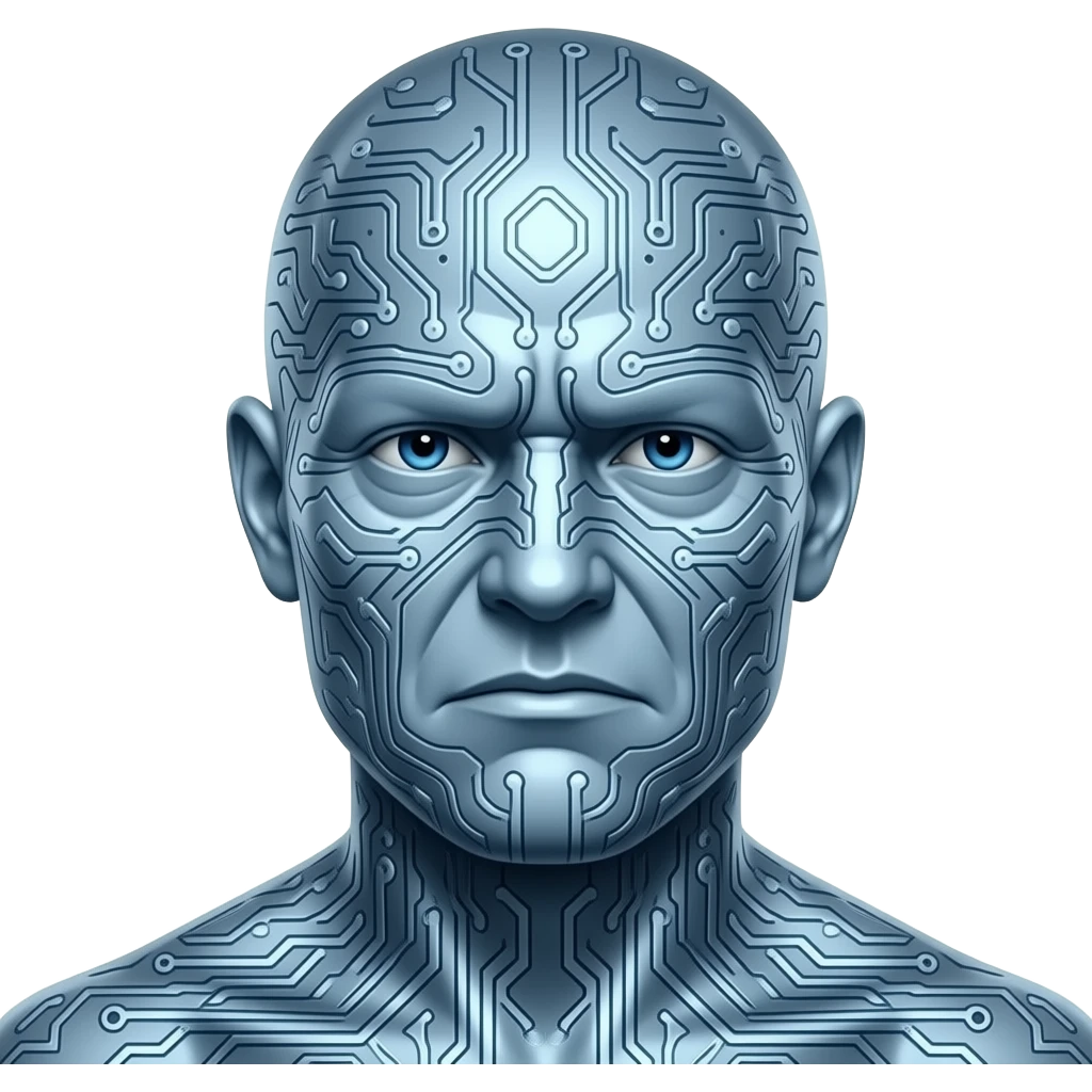The image features a stylized prehistoric and frowning portrait of Blaze Bayley with silver-blue skin covered in computer circuitry. emoji