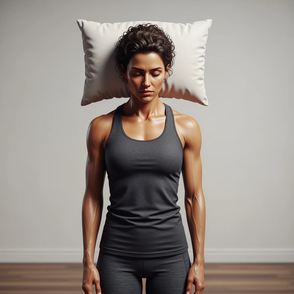 DONNA FITNESS IN PIEDI CON CUSCINO DIETRO LA TESTA MENTRE PROVA A DORMIRE, IPERREALISTICA 4K, SENZA SFONDO emoji