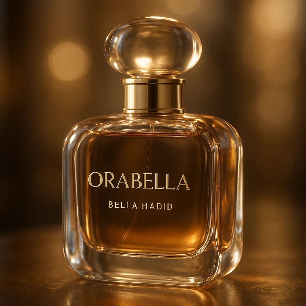cinematic, realistic 3D rendering of the Orabella fragrance bottle by Bella Hadid, soft focus, glowing highlights, premium feel emoji