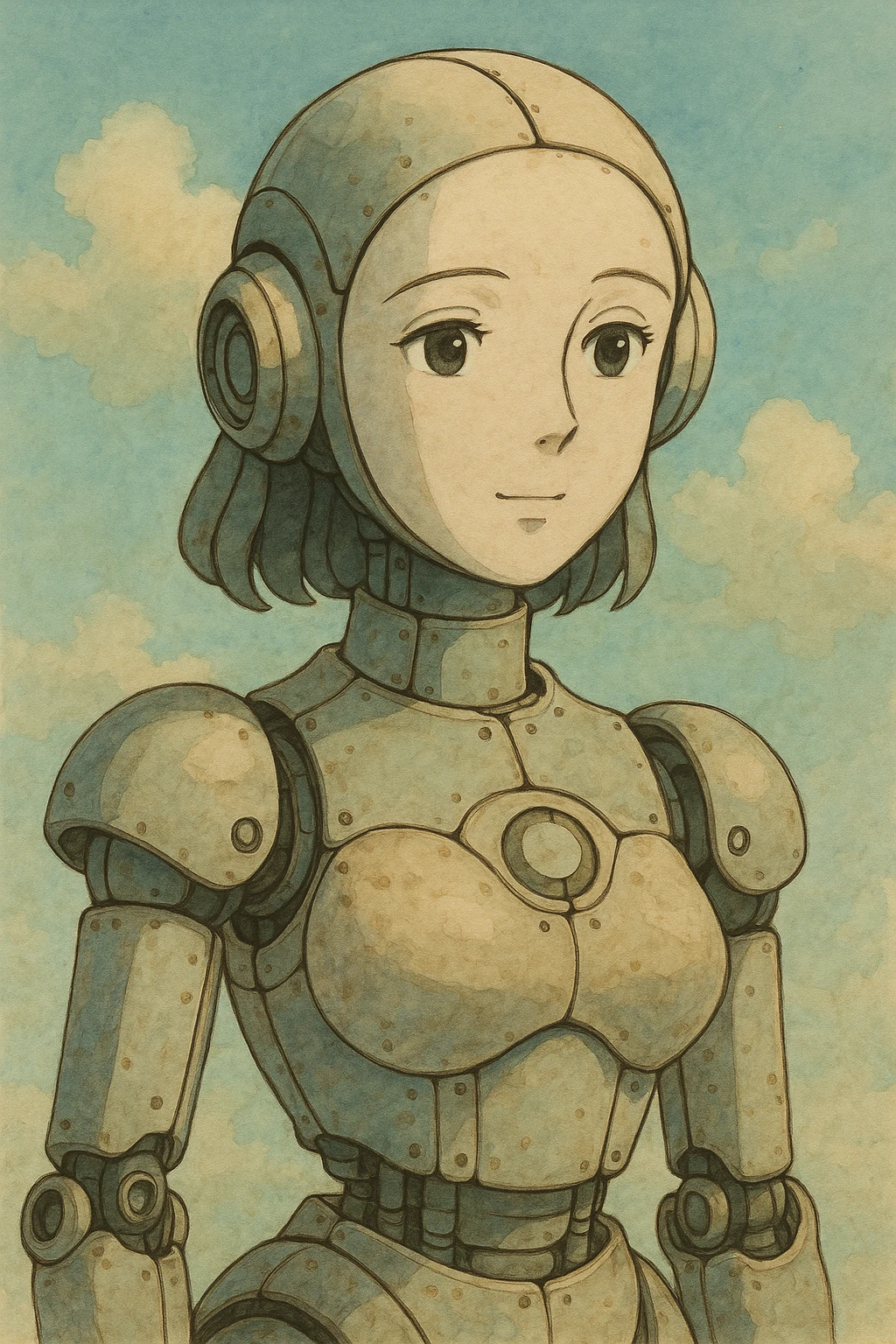female robot, ghibli style, soft colors, gentle expression, mechanical elements emoji