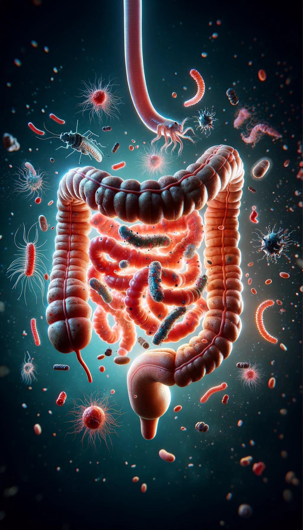 intestino umano realistico con batteri e parassiti che gli fluttuano intorno, iperrealistico 4k emoji