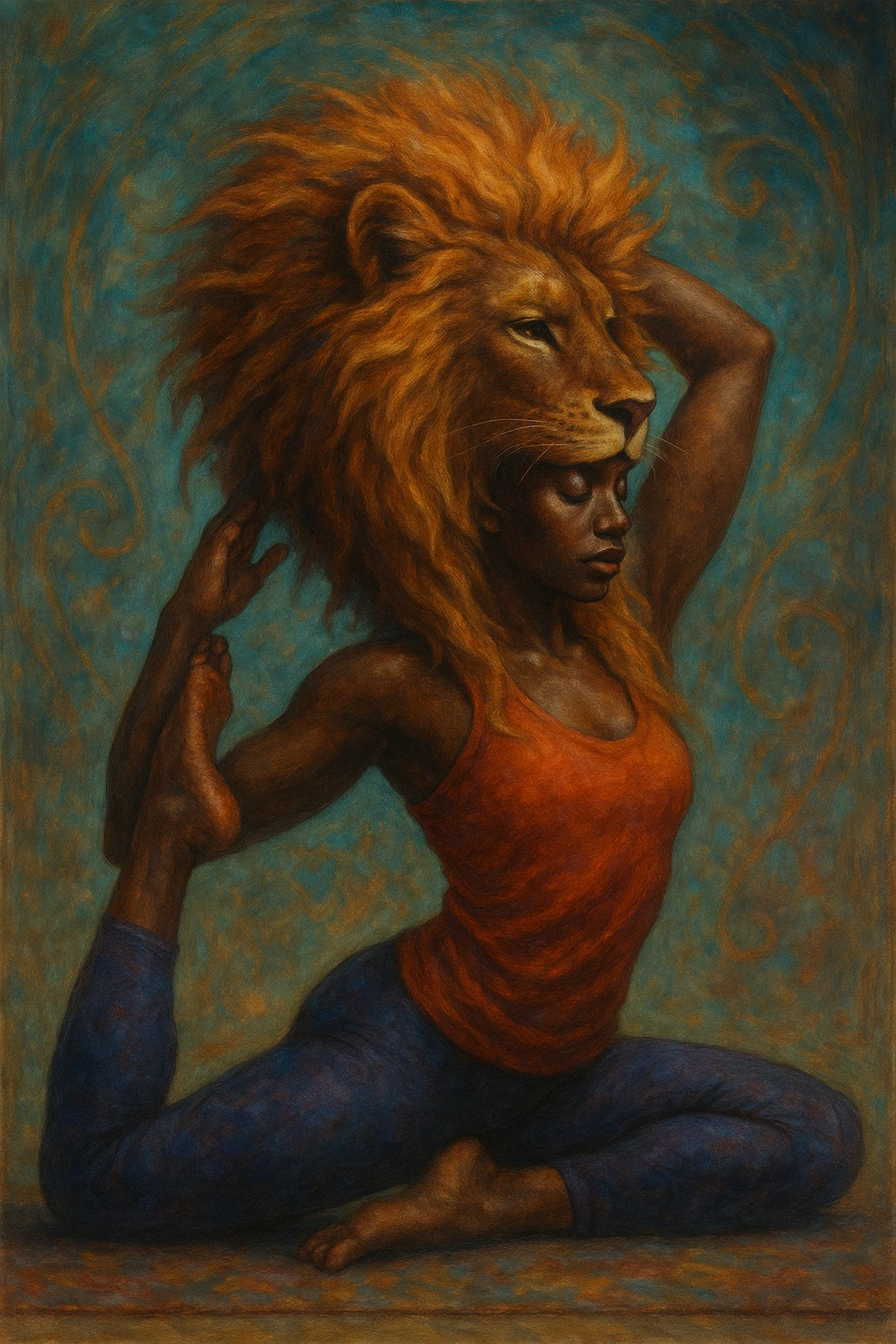 A Black woman in a yoga pose with a subtle lion mane framing her face, merging human and animal features in a graceful, empowering way. emoji