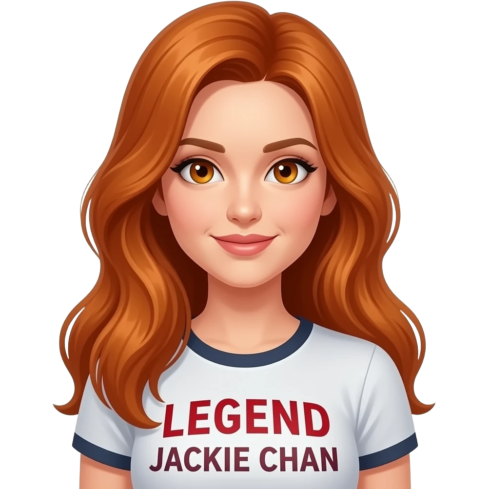 sexy girl with long ginger hair and ginger eyes a top with LEGEND JACKIE CHAN written on it emoji