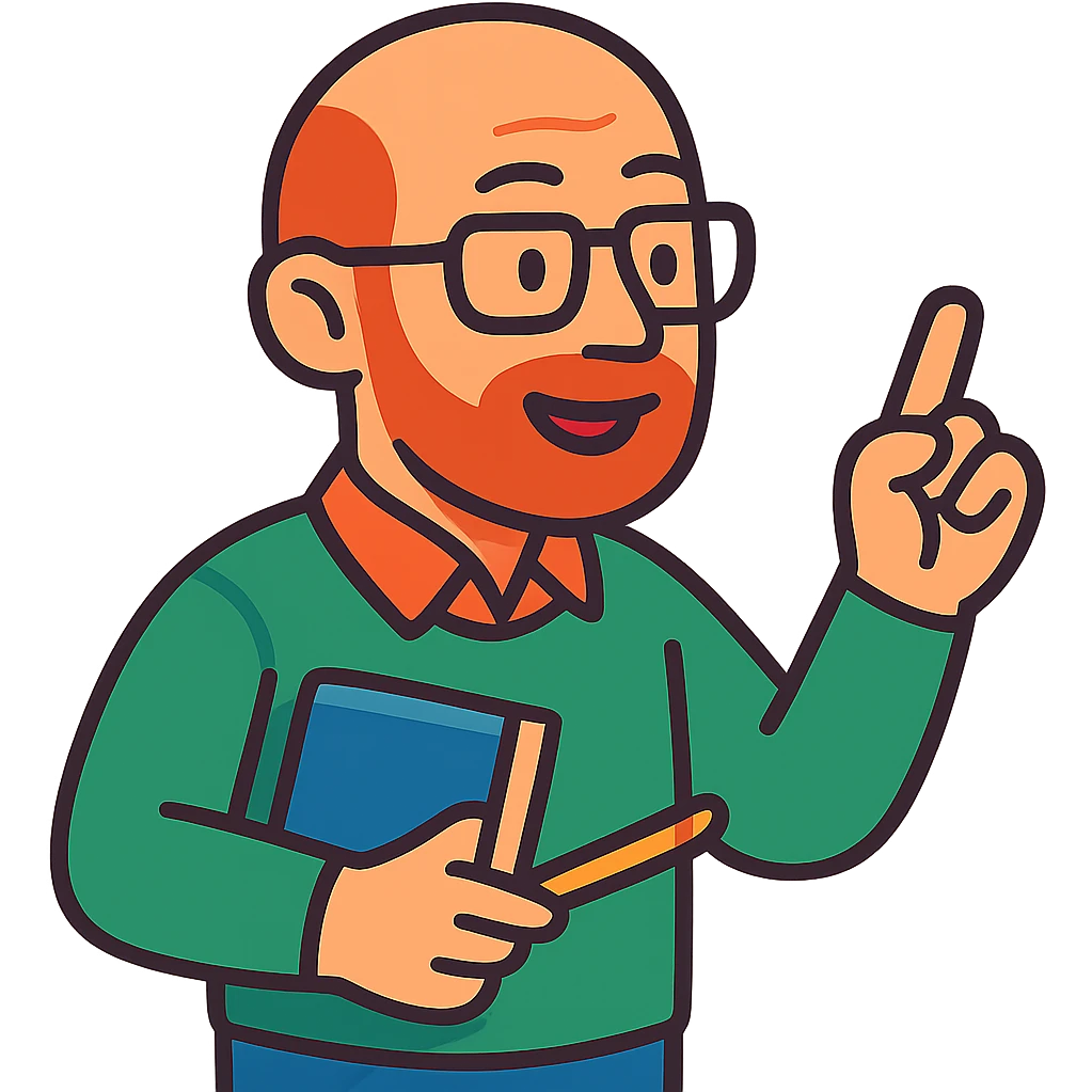 bald teacher with a short beard and glasses explaining the material emoji