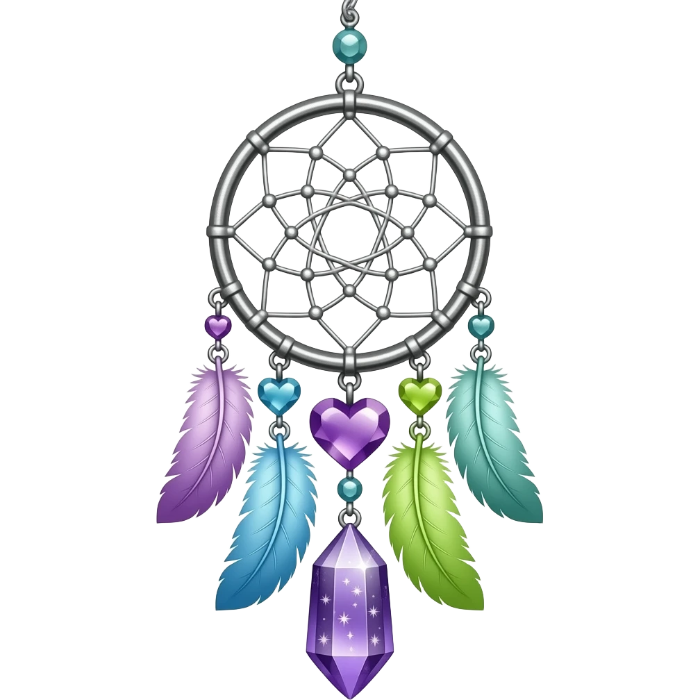 Purple-Blue-lime-greenish and silver cold-cool-colored romantic lush beautiful pretty hanging crystal-catcher aesthetic with hearts and sparkles and feathers emoji