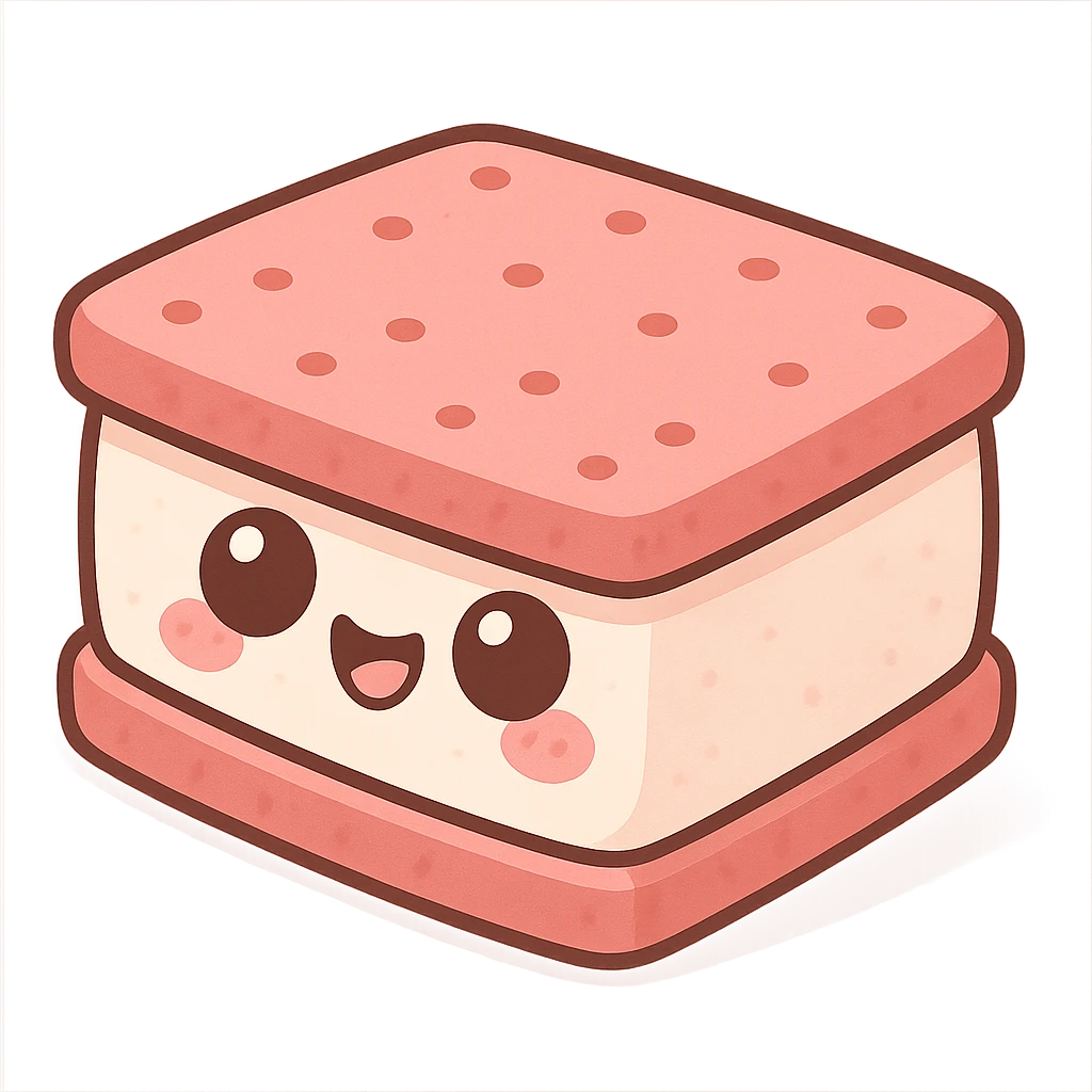 a cute pink ice cream sandwich, original design, big eyes, blushing cheeks, joyful emoji