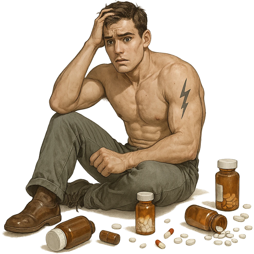 muscular but inexperienced young man surrounded by scattered bottles and pills, worried expression, temporary lightning tattoo on arm, experimental atmosphere, realistic details, isolated on white background emoji
