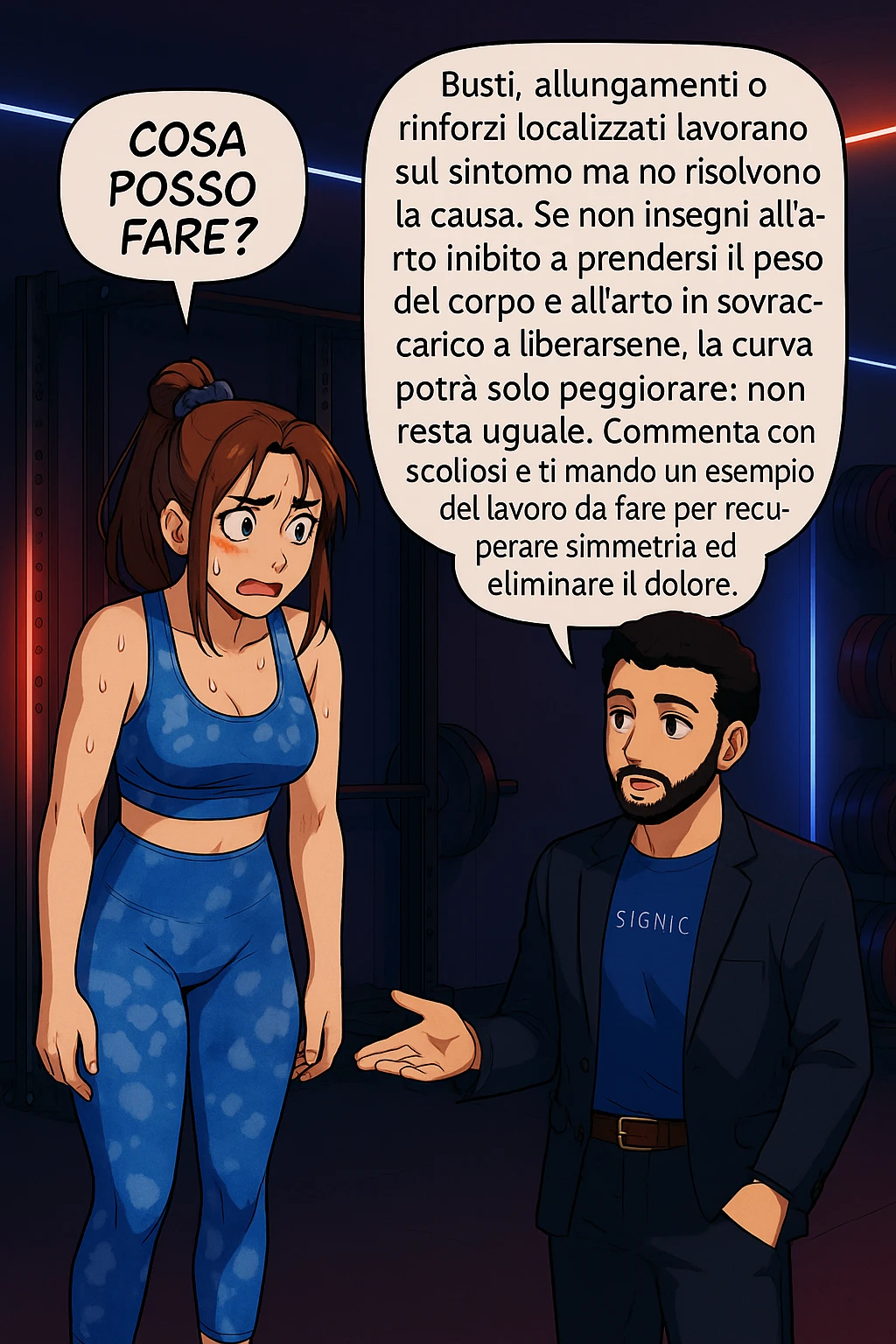 ispirati a questo stile di disegno e fai questa immagine in versione manga/webtoon a colori, il manga mostra la donna preoccupata che chiede: "COSA POSSO FARE?" E L'UOMO CHE RISPONDE: Busti, allungamenti o rinforzi localizzati lavorano sul sintomo ma non risolvono la causa. Se non insegni all’arto inibito a prendersi il peso del corpo e all’arto in sovraccarico a liberarsene, la curva potrà solo peggiorare; non resta uguale. Commenta con scoliosi e ti mando un esempio del lavoro da fare per recuperare simmetria ed eliminare il dolore. emoji