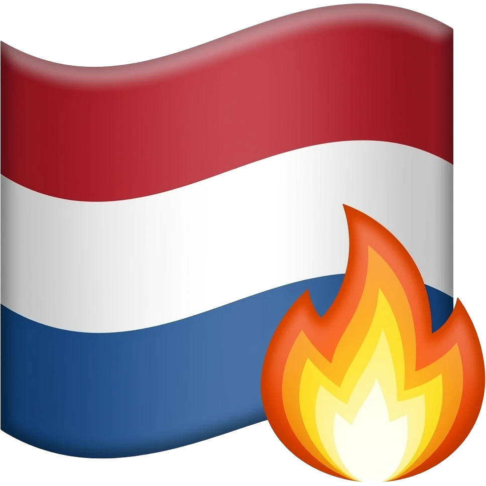 dutch flag  with two small fire emjoies next to each other overlaping, one fire emojy bigger than the other on top of the flag in the right bottom emoji