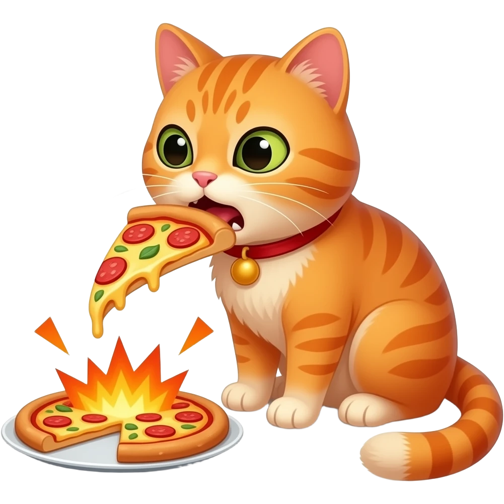Orange cat eating pizza and making an ugly face while the pizza explodes emoji