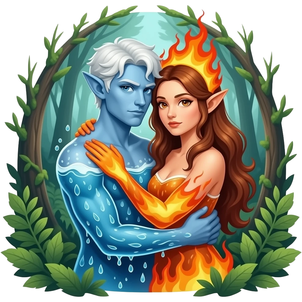 Elfen man en vrouw. Zijn als water en vuur  maar completely verstrengeld in een mysterious bos emoji