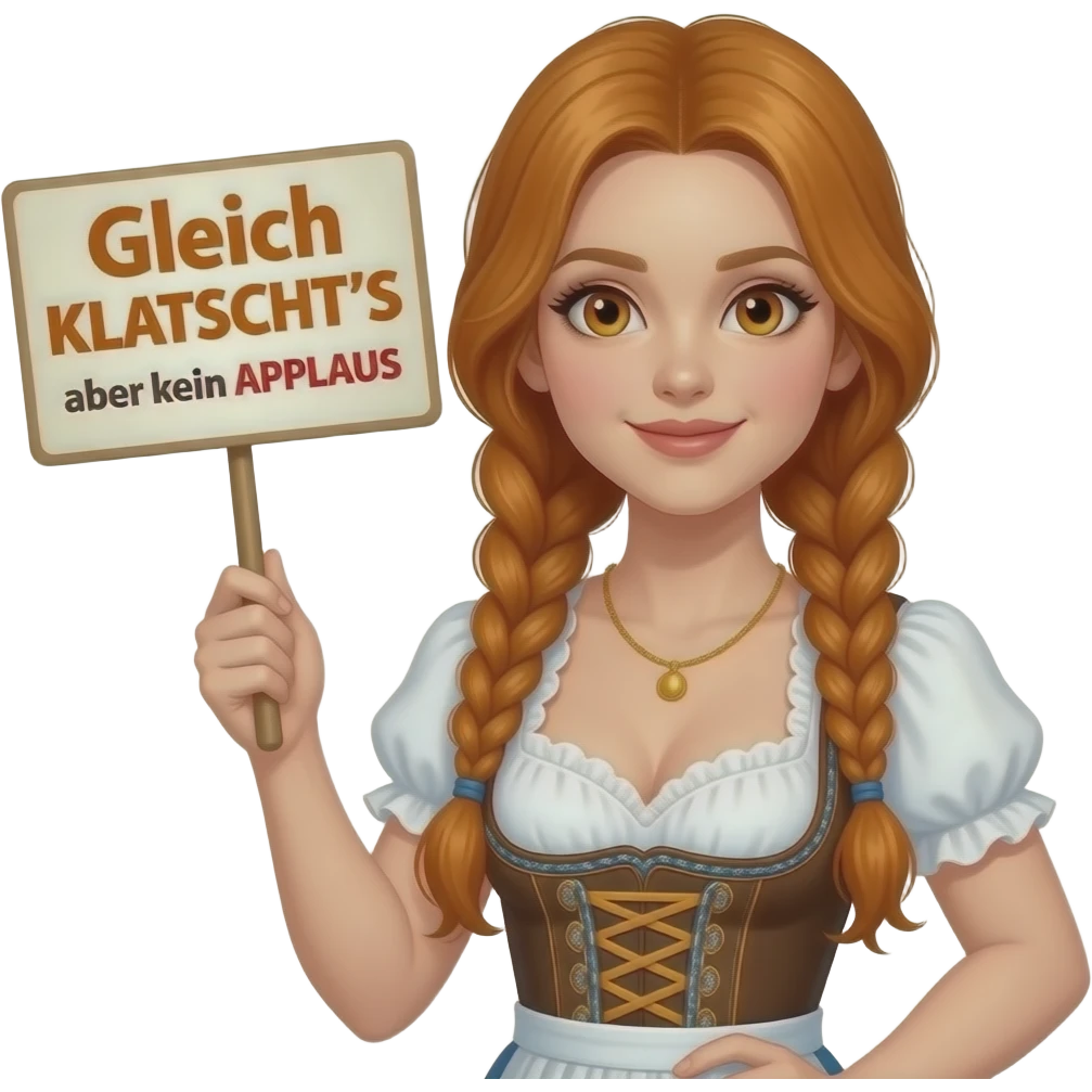 sexy girl with overlong ginger hair in braids and ginger eyes wearing a dirndl holding a Gleich KLATSCHT'S aber kein APPLAUS sign emoji