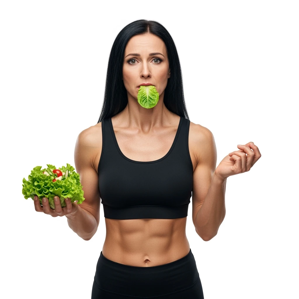 DONNA FITNESS CON INSALATA IN MANO MENTRE TIENE UNA FOGLIA DI INSALATA IN BOCCA CON ESPRESSIONE TRISTE, iperrealistico 4k, ISOLATA SU SFONDO BIANCO emoji