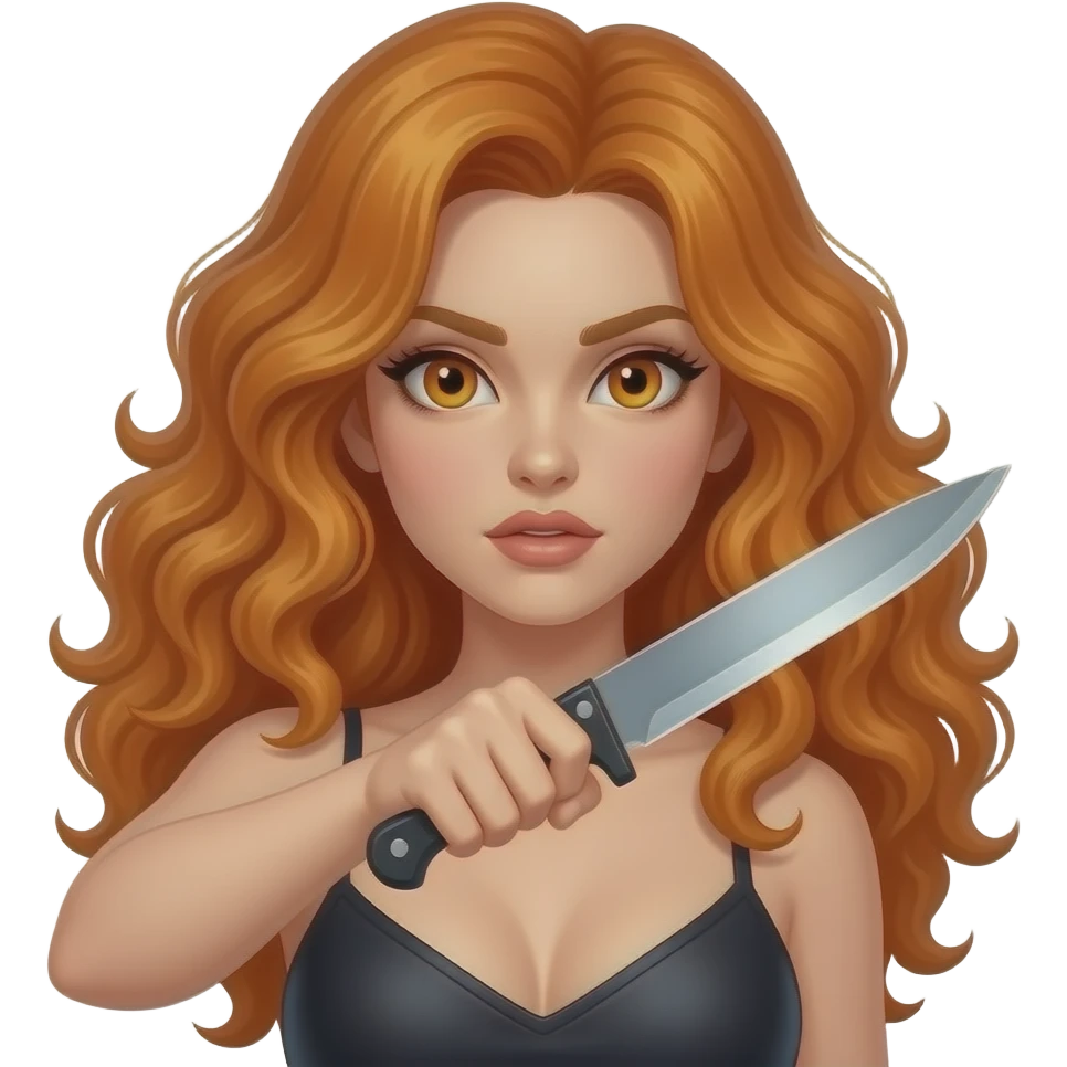 sexy girl with long curly ginger hair and ginger eyes attacks with a knife emoji