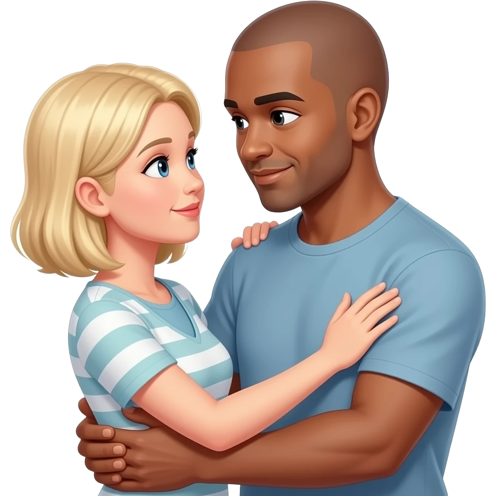 Short Blond haired white woman & taller bald brown man hugging looking into eachothers eyes emoji