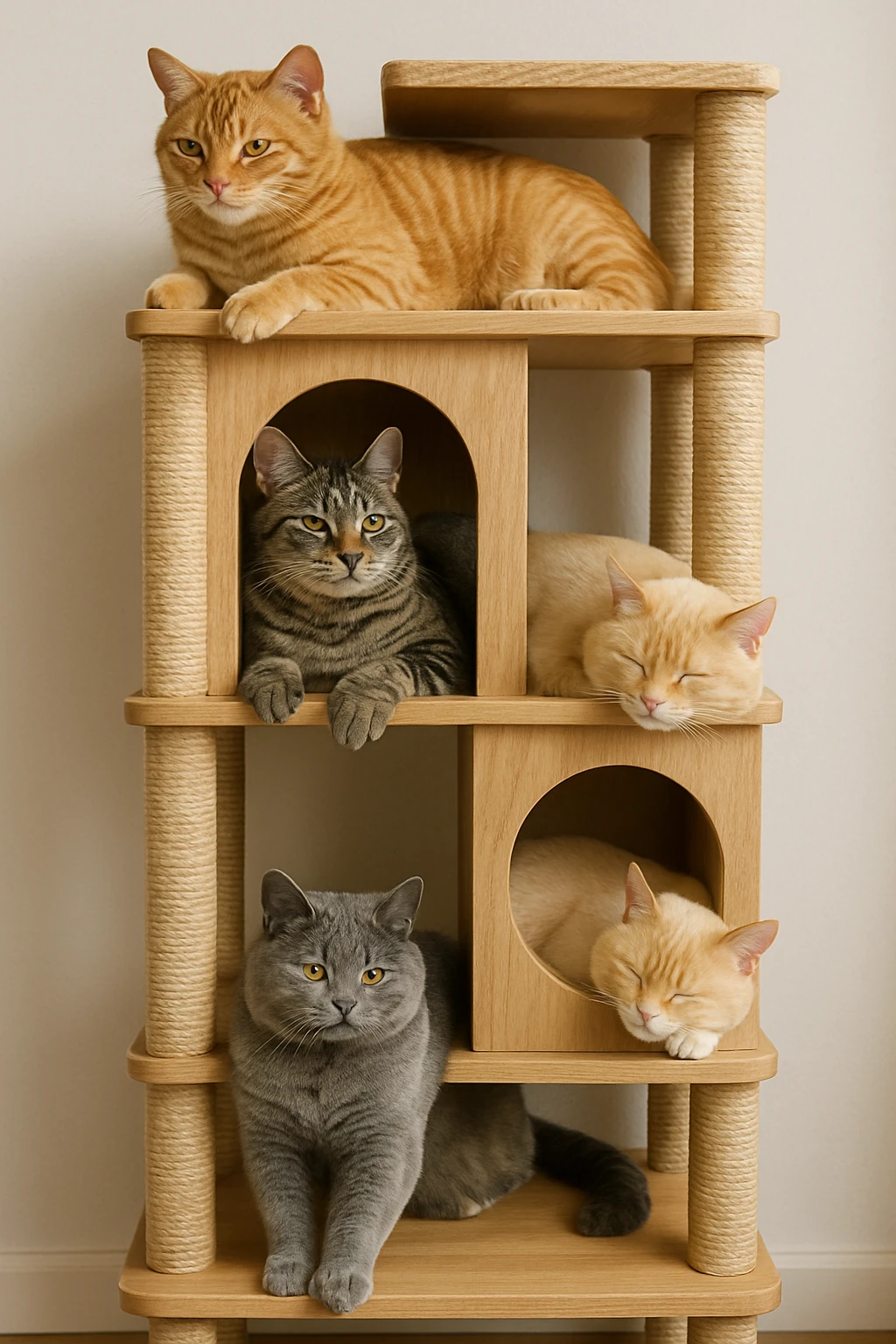 cats relaxing in a vertical playhouse emoji