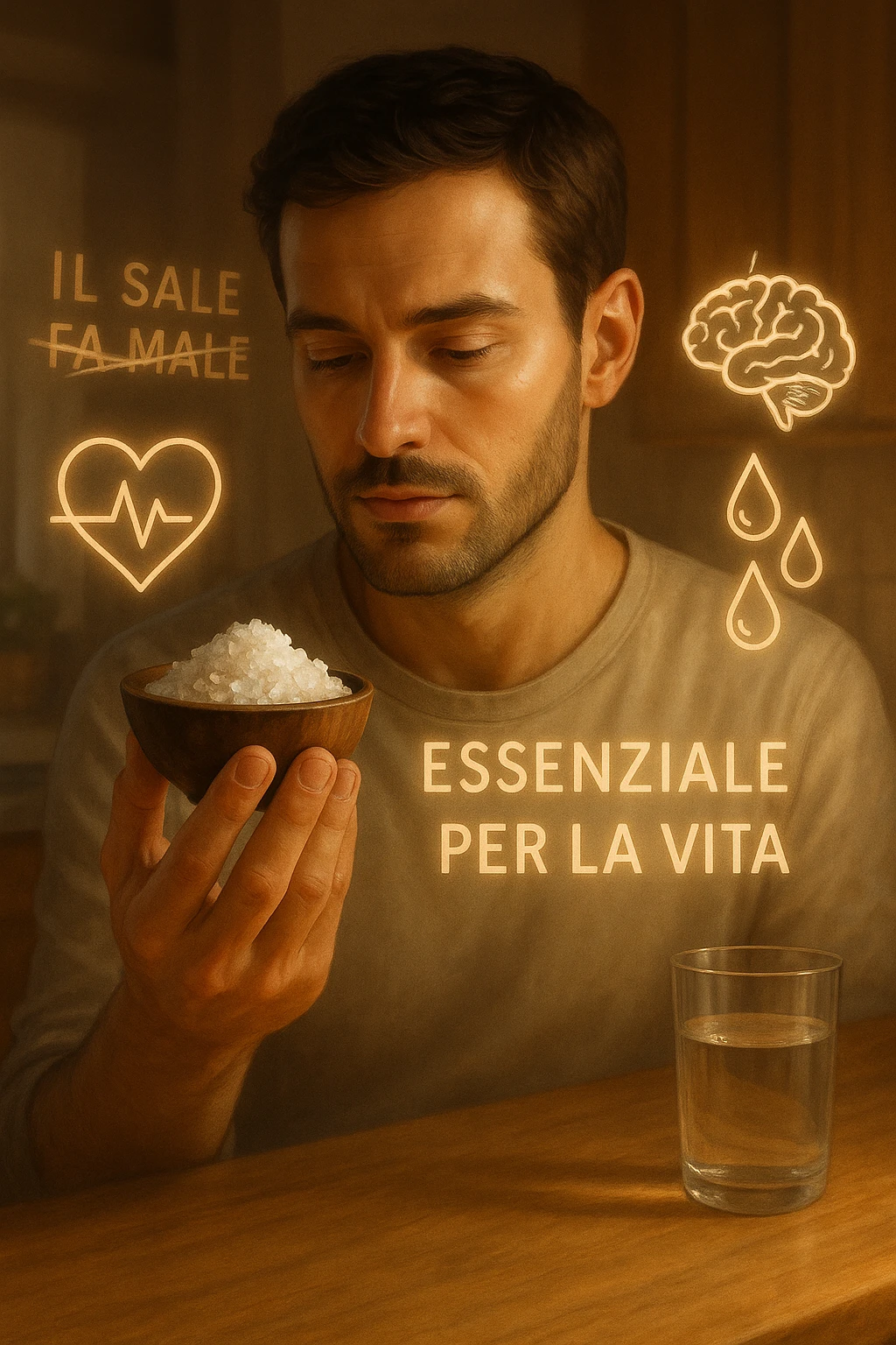 A realistic, cinematic illustration of a man in his early 30s holding a small bowl of unrefined sea salt in his hand, looking at it with awareness and respect. Around him, glowing minimalistic symbols of a beating heart, a brain, and hydrated cells appear, indicating the essential role of sodium in hydration, nerve conduction, and overall cellular health. In the background, faint text or floating words show the false myths: ‘Il sale fa male’, crossed out gently, while the phrase ‘Essenziale per la vita’ glows softly. The setting is a warm, softly lit kitchen with a glass of water nearby, emphasizing balance. The color palette is warm, natural, and calming, emphasizing that salt, when used consciously, is vital for human health, against common misconceptions demonizing it. emoji