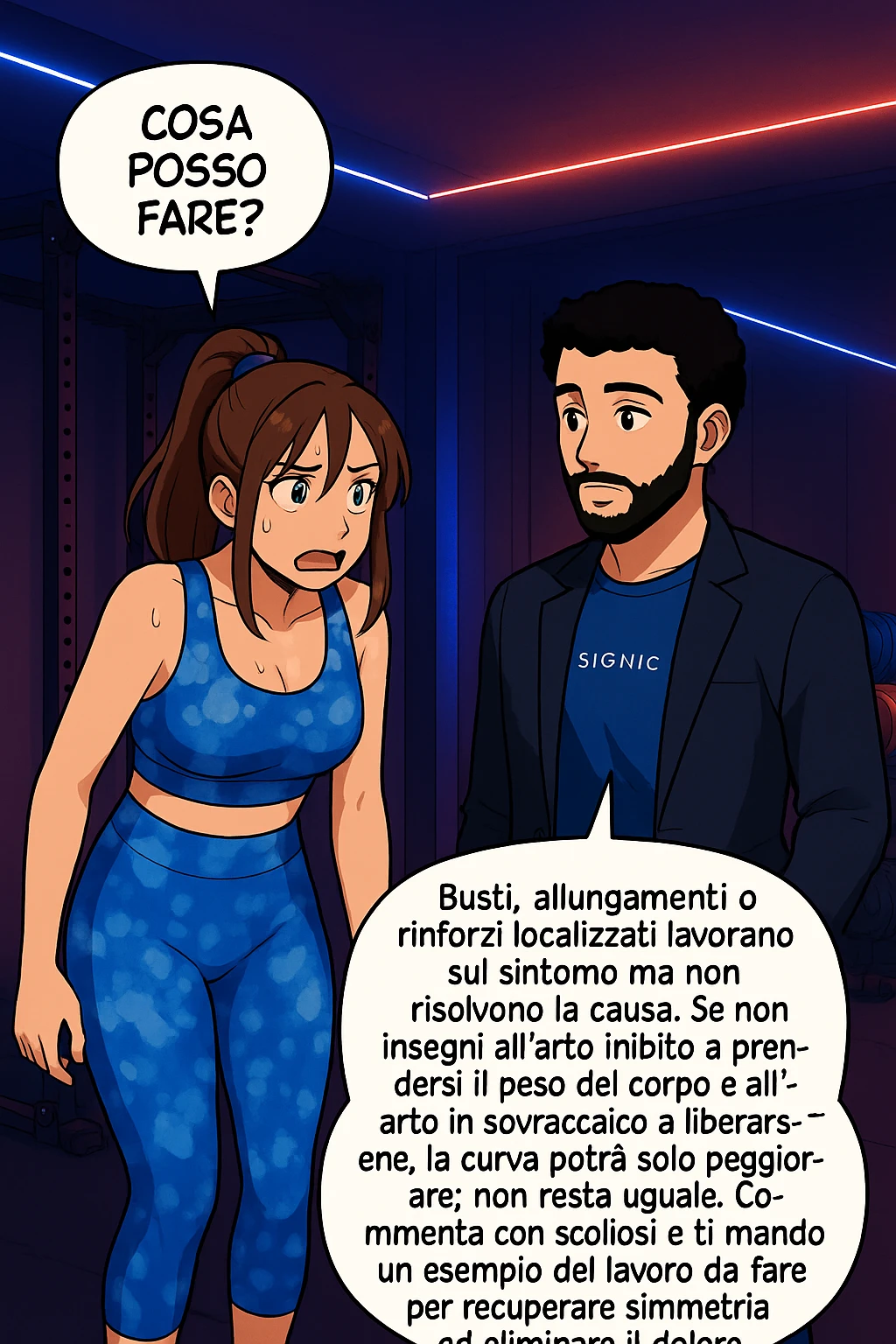 ispirati a questo stile di disegno e fai questa immagine in versione manga/webtoon a colori, il manga mostra la donna preoccupata che chiede: "COSA POSSO FARE?" E L'UOMO CHE RISPONDE: Busti, allungamenti o rinforzi localizzati lavorano sul sintomo ma non risolvono la causa. Se non insegni all’arto inibito a prendersi il peso del corpo e all’arto in sovraccarico a liberarsene, la curva potrà solo peggiorare; non resta uguale. Commenta con scoliosi e ti mando un esempio del lavoro da fare per recuperare simmetria ed eliminare il dolore. emoji