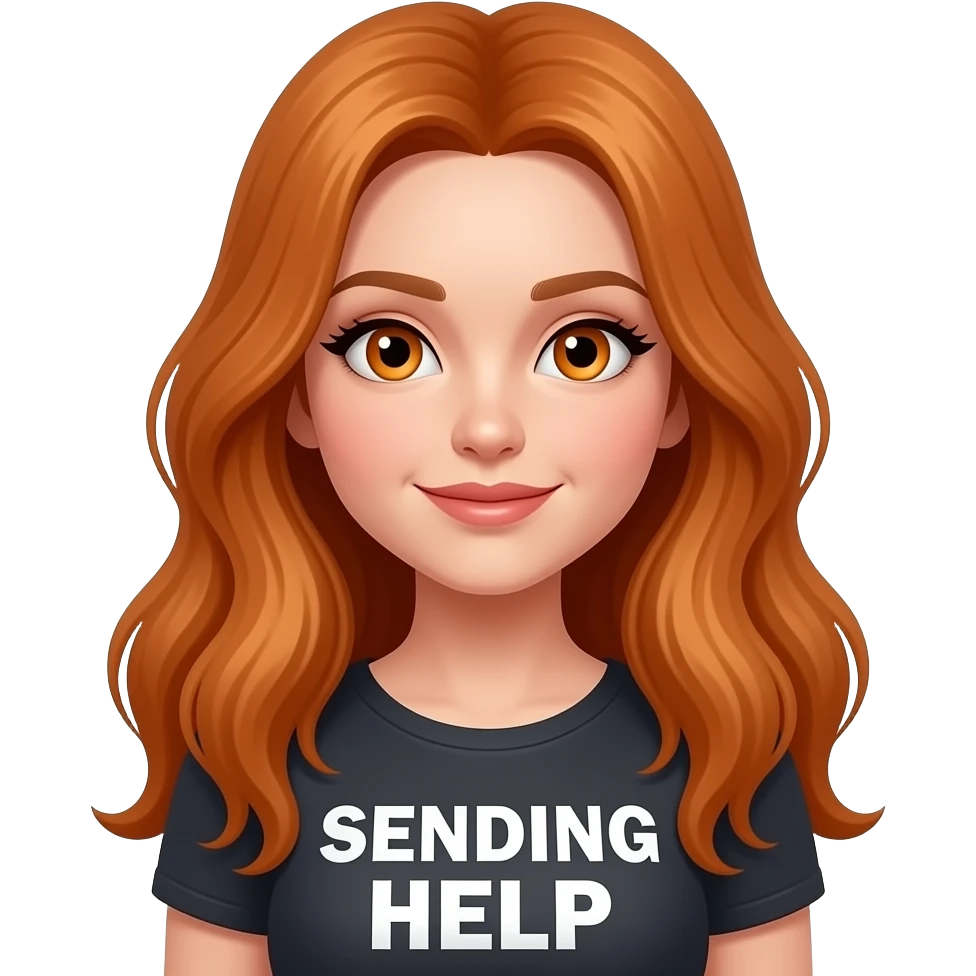 sexy girl with long ginger hair and ginger eyes a top with SENDING HELP written on it emoji