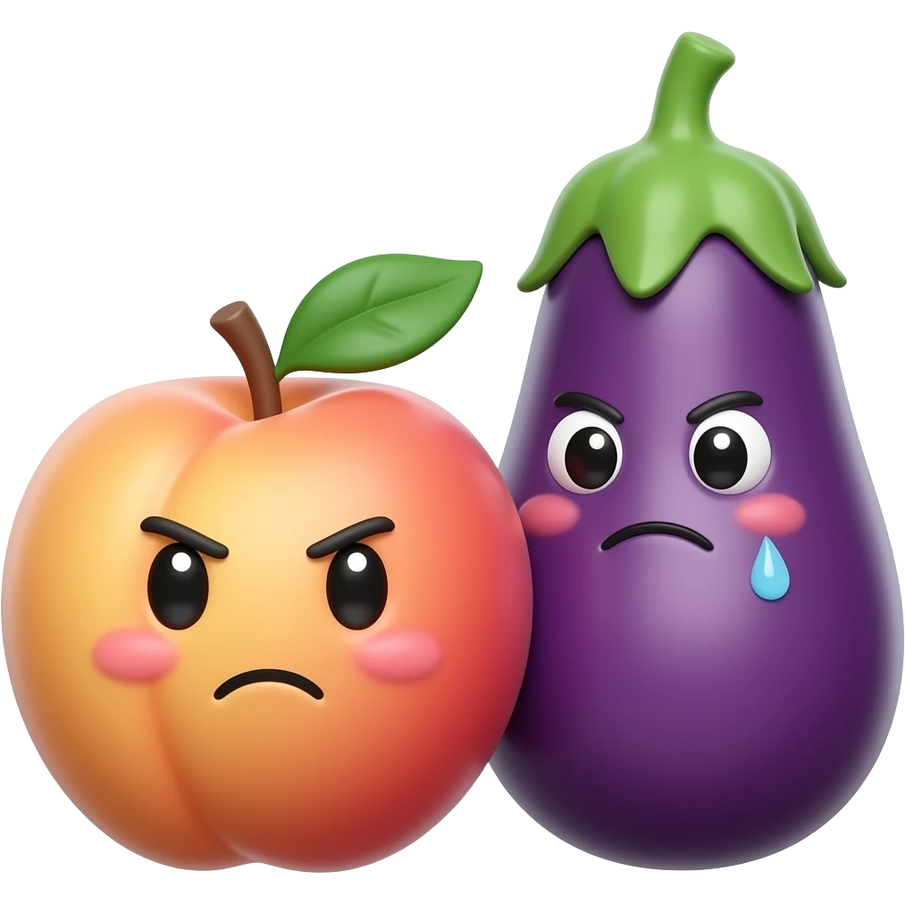 A glossy 3D peach and eggplant emoji duo in a playful forbidden-fruit scene, very close together, mischievous expressions, blushing cheeks, sweat drops, dirty-minded emoji humor, suggestive but non-explicit, clean transparent background, , high quality, no text, no watermark emoji