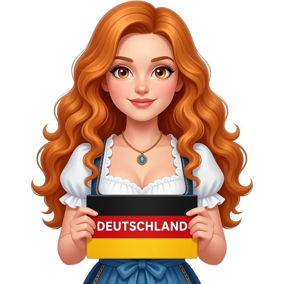 sexy girl with long curvy ginger hair and ginger eyes wearing a dirndl is holding a DEUTSCHLAND sign, emoji