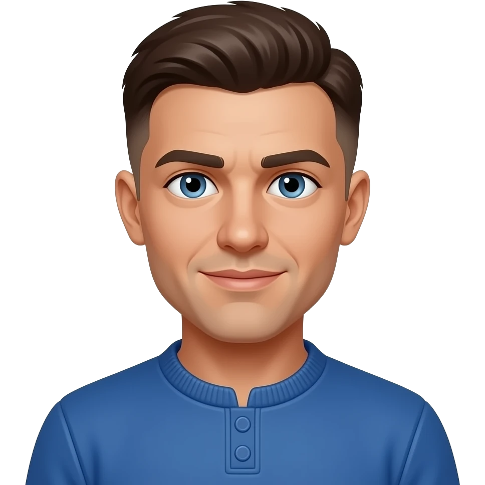 BW - man, blue eyes, early 20s, medium brown skin fade short on top hair, blue jumper emoji