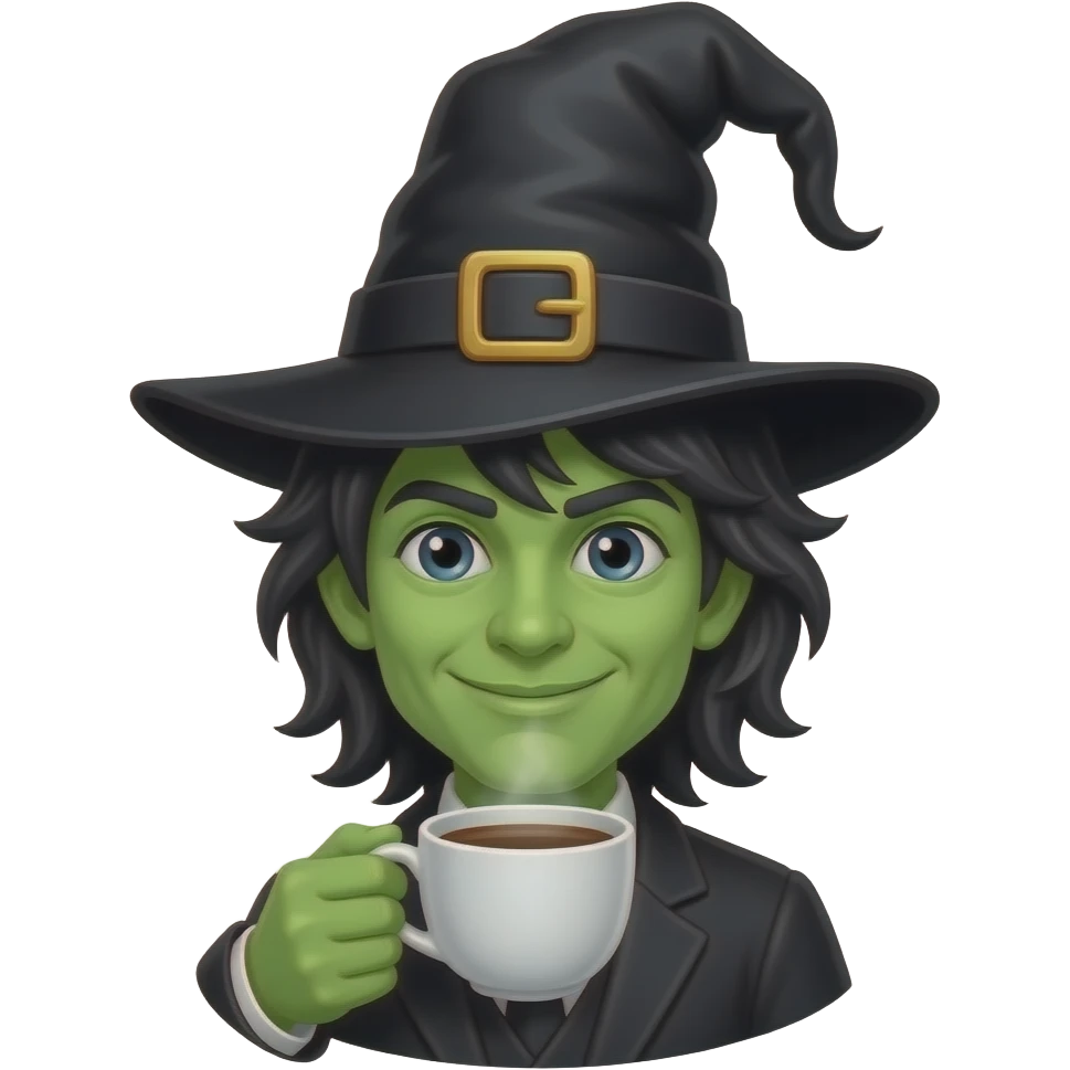 male green wizard with green skin with hat with black hair holding coffee emoji