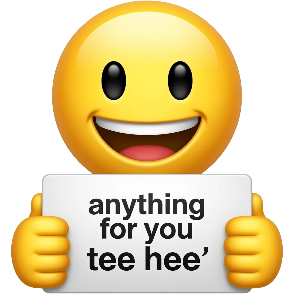 Yellow smiley in love holding up a sign sign that says "anything for you tee hee" emoji