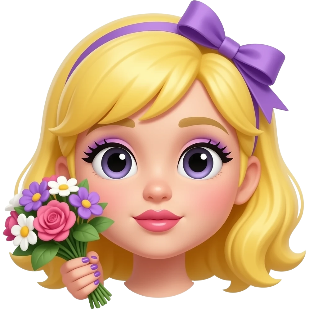 Make an emoji similar to a floating yellow classic head with reddish pink lip with gloss puckering, eyelashes, purple eyeshadows, big eyes, younger face, lighter yellow, holding a bouquet of flowers, have a ribbon on her head and wears purple polished long nails and nail tips. emoji