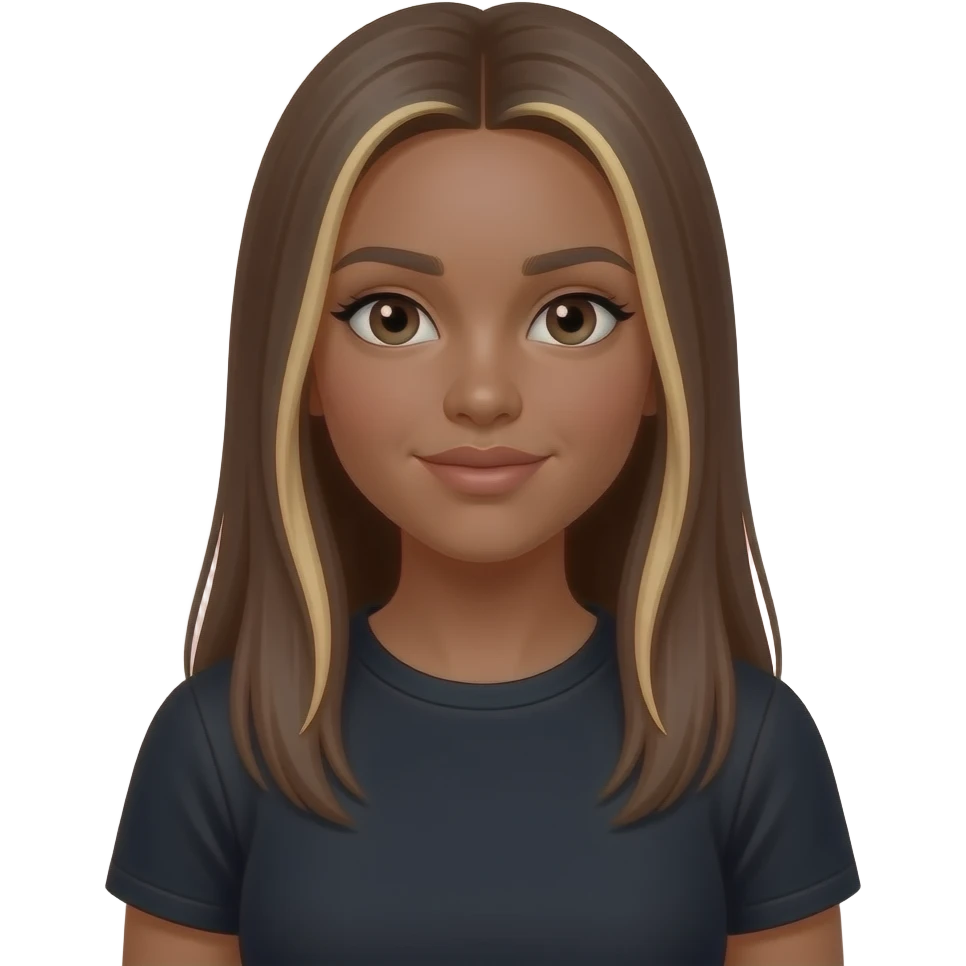 JN - teenage girl, dark suntan, straight very long medium brown hair blonde at the tips, black crew neck t-shirt emoji