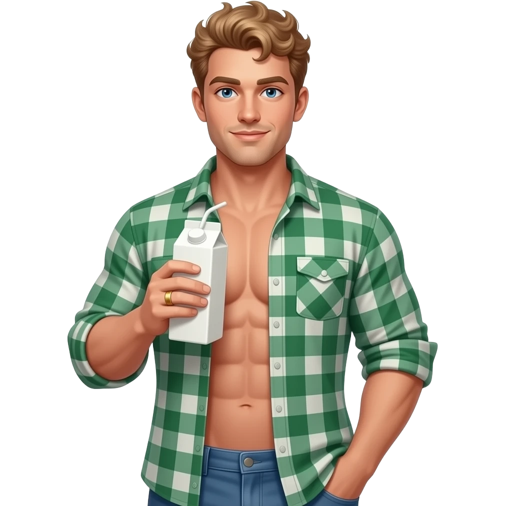 Sexy blond curly haired muscle man ingreen plaid shirt and blue thong holding milk carton with gold band on finger emoji