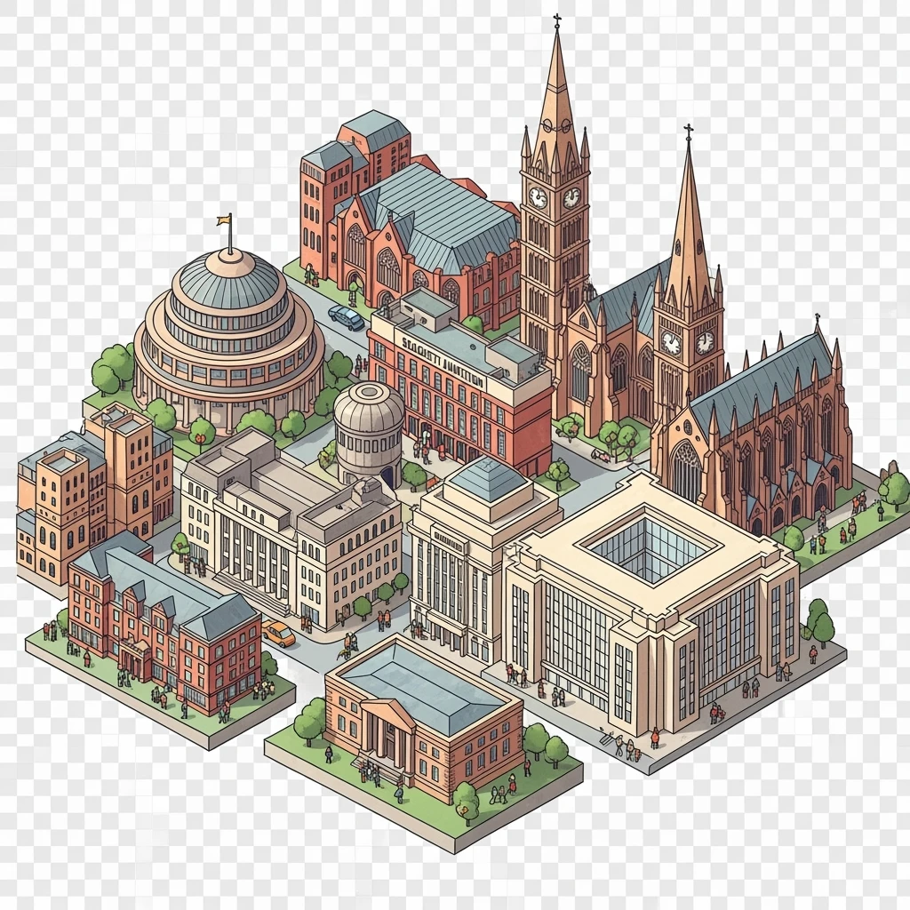 Isometric illustration of the Birmingham with iconic cities landmark, miniature slightly hand-drawn style, transparent background. emoji